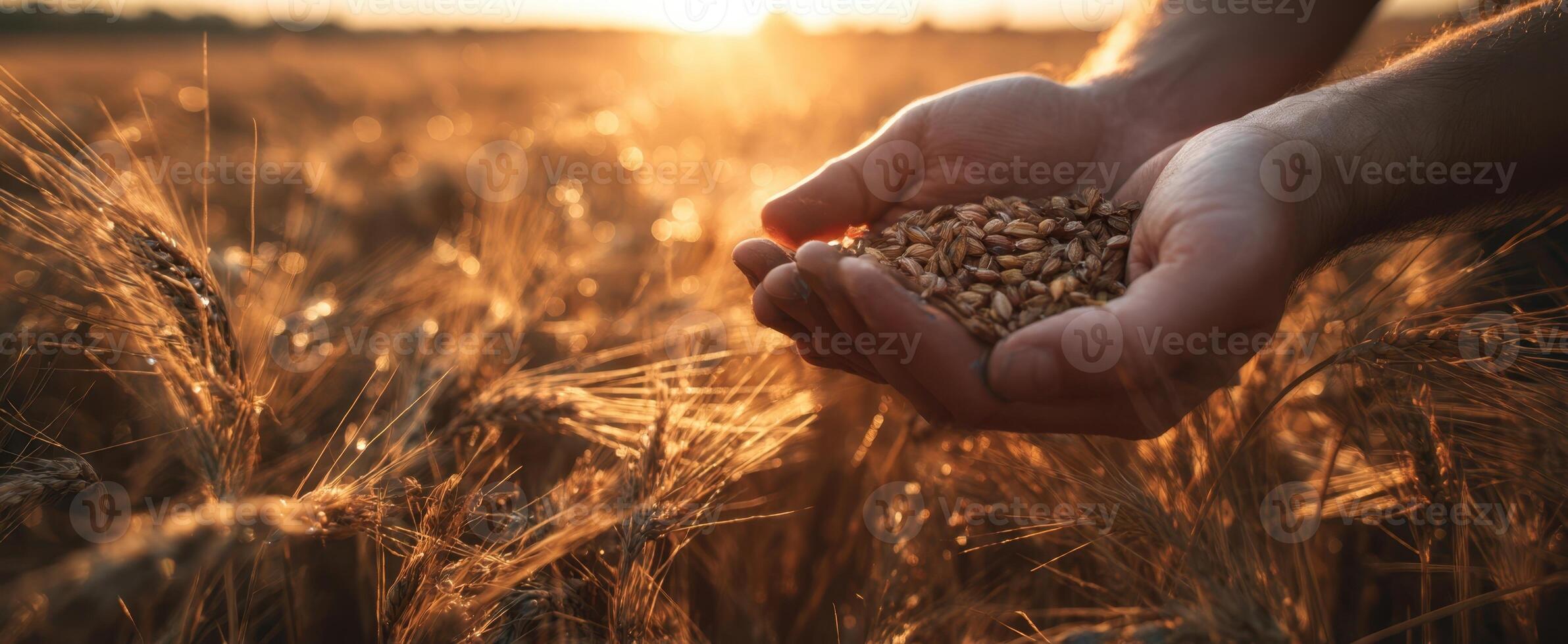 The Hands Holding Wheat Grains in a Glowing Sunset Field photo