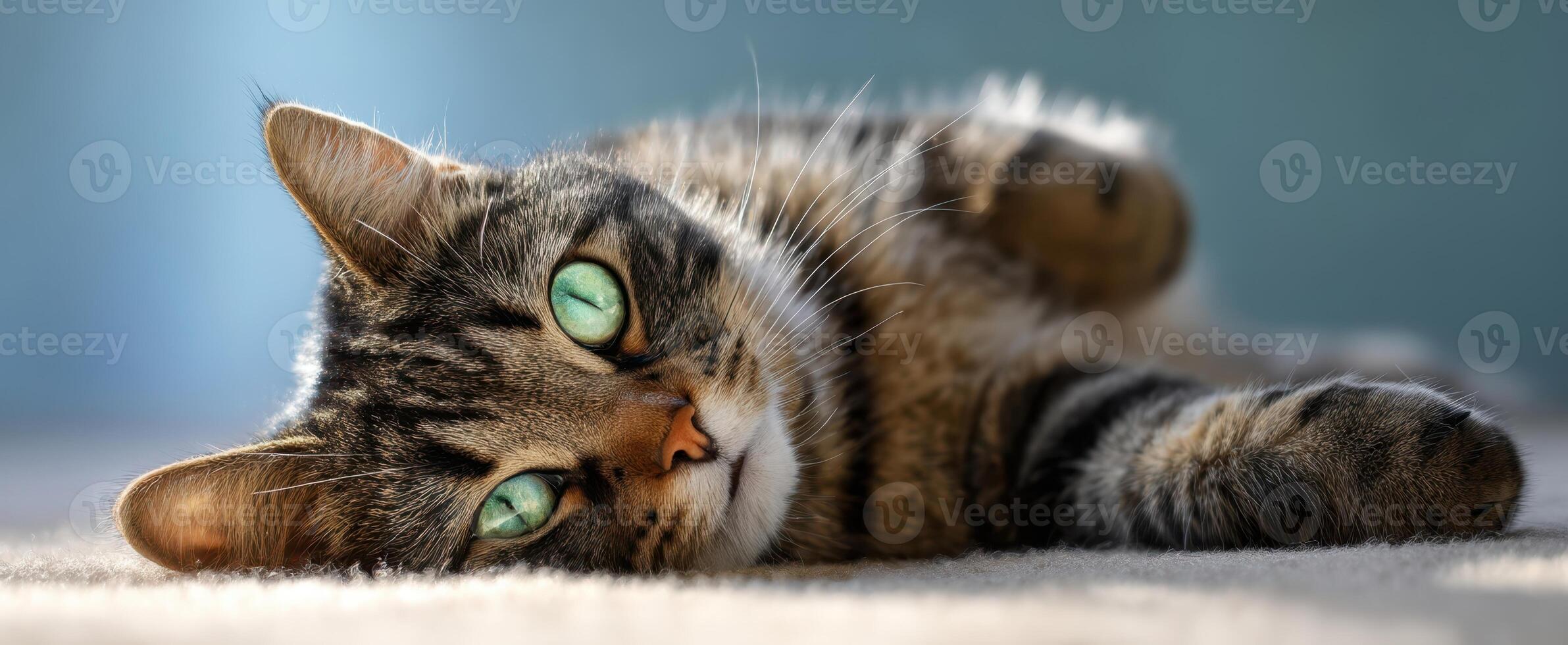 The relaxed tabby cat enjoying a cozy moment in soft light. photo
