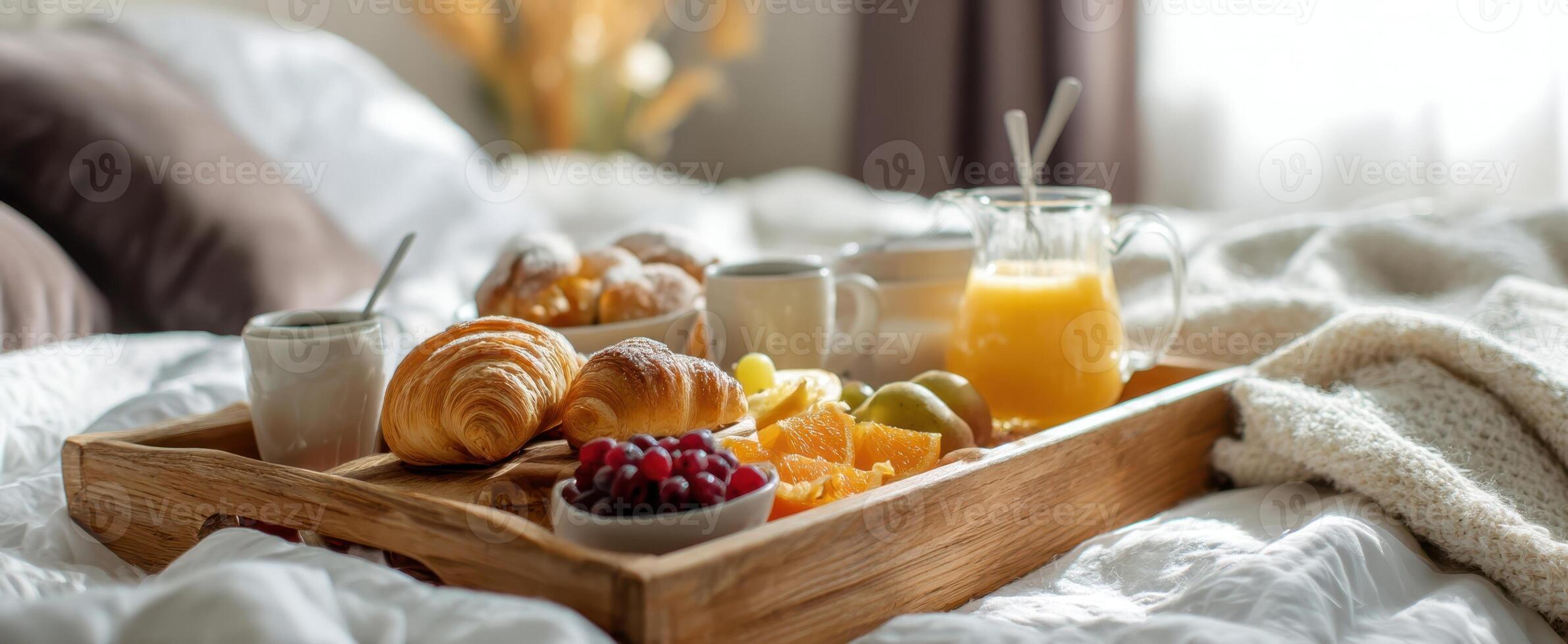 The delightful breakfast tray served in a cozy bedroom setting. photo