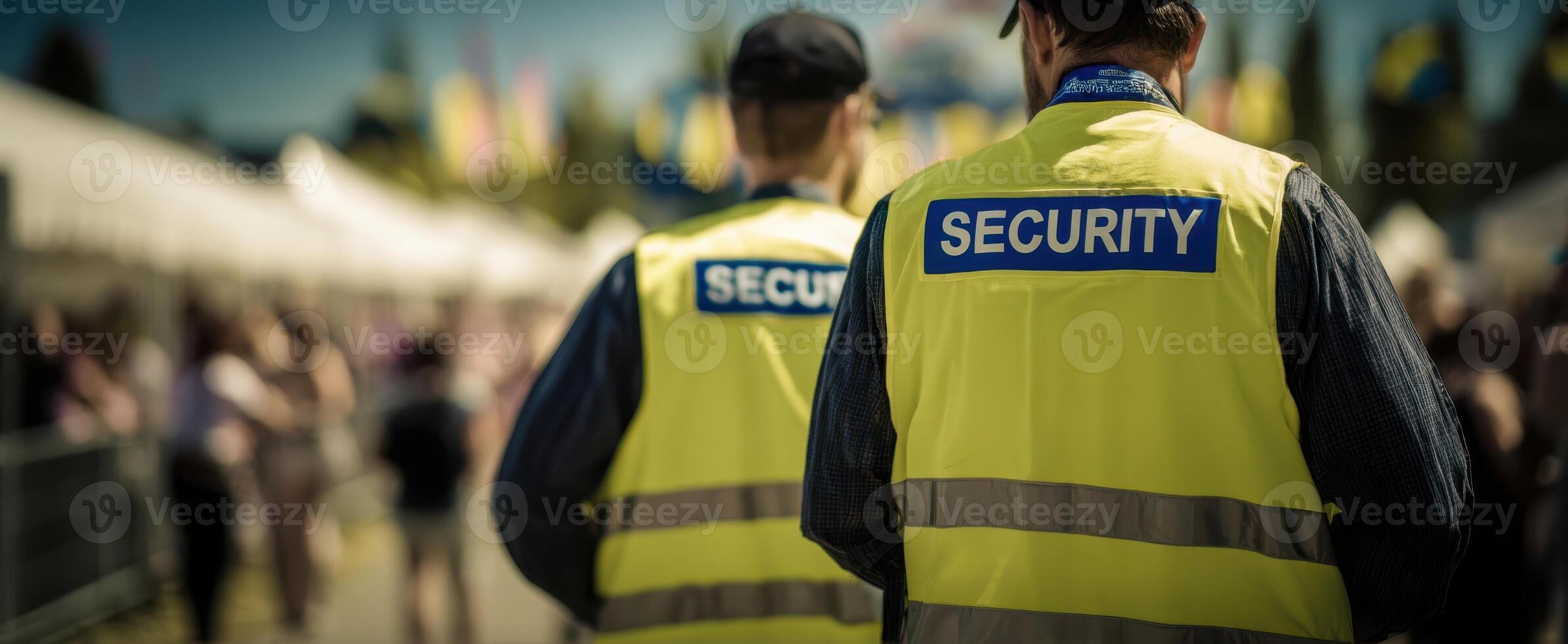 The security staff monitoring a busy outdoor event for safety and organization. photo