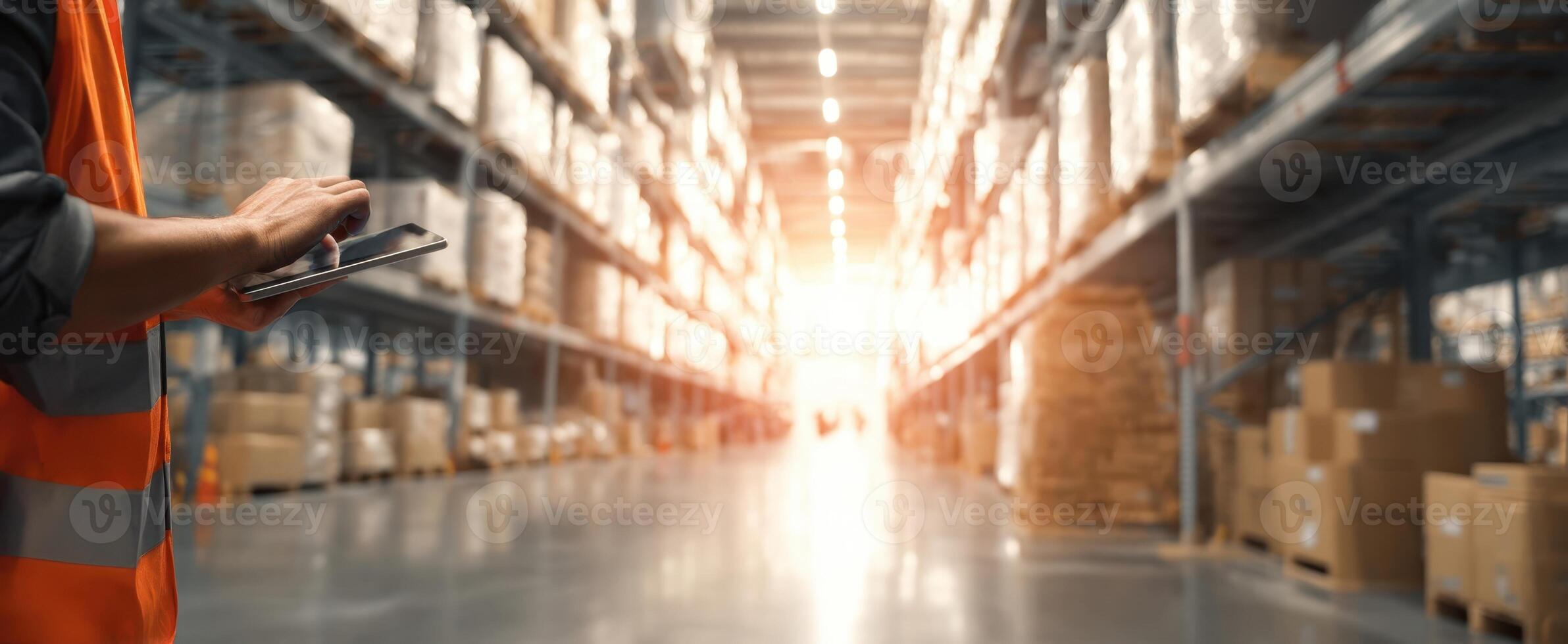 The warehouse worker using a tablet to manage inventory and operations. photo