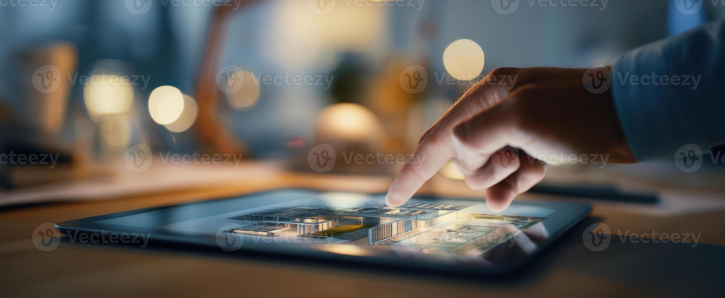 The tablet displaying urban architectural plans illuminated in a modern workspace. photo