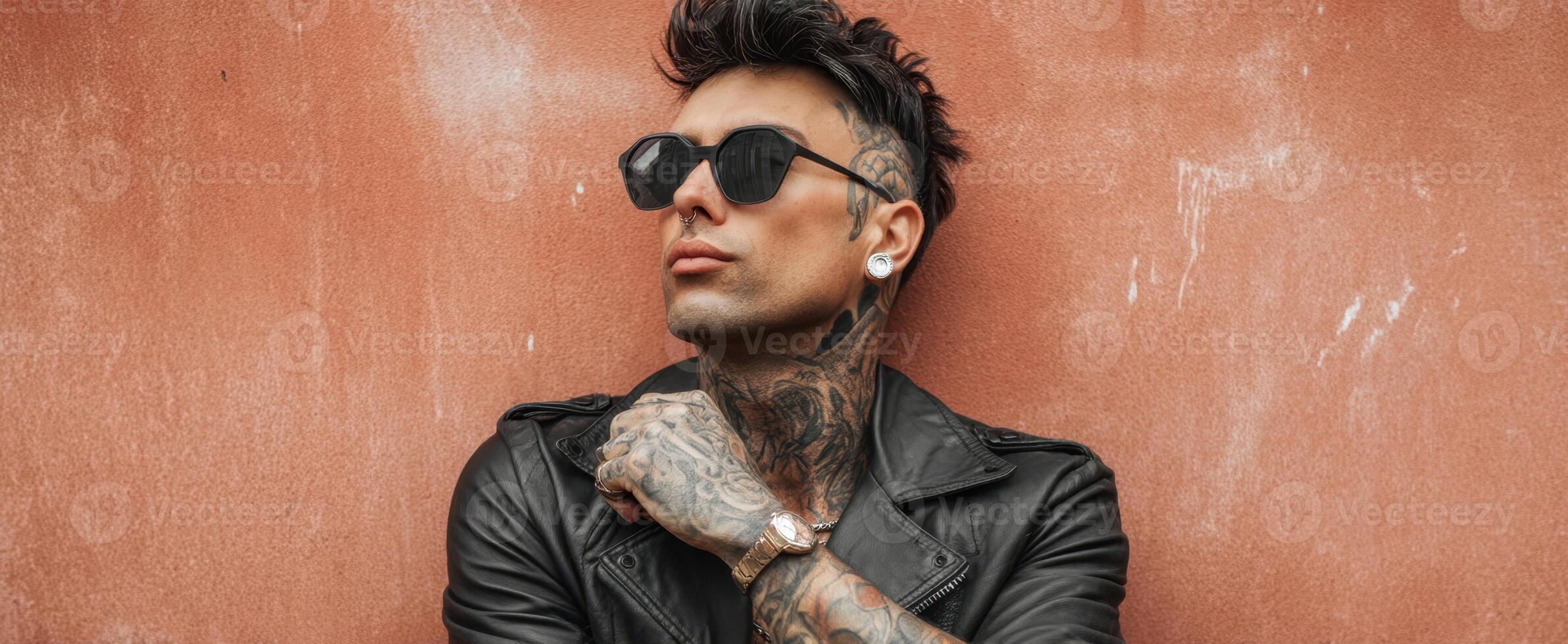 The stylish man with tattoos showcasing confidence against a textured background. photo