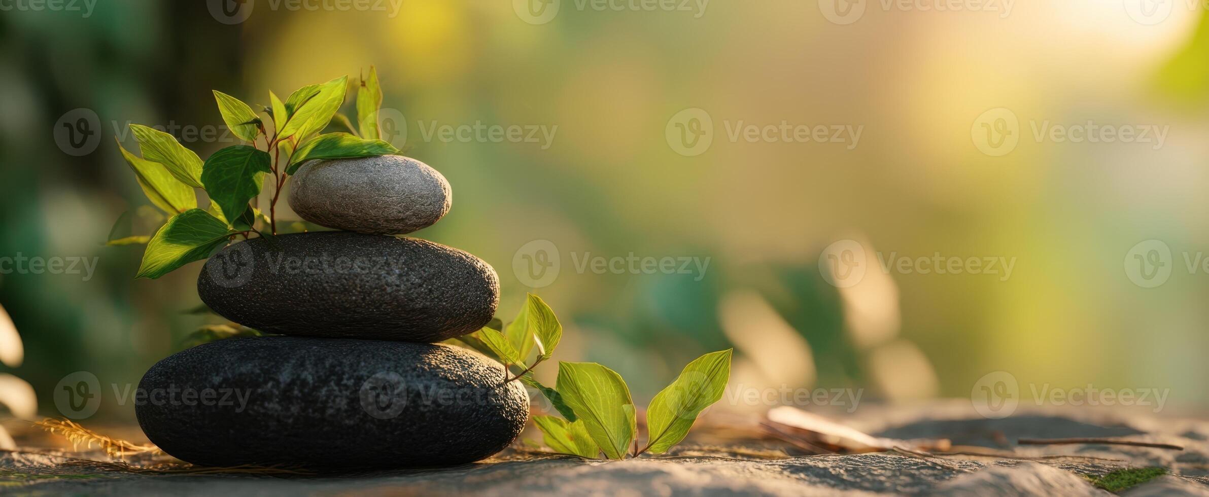 The serene stacked stones surrounded by fresh green leaves in nature. photo