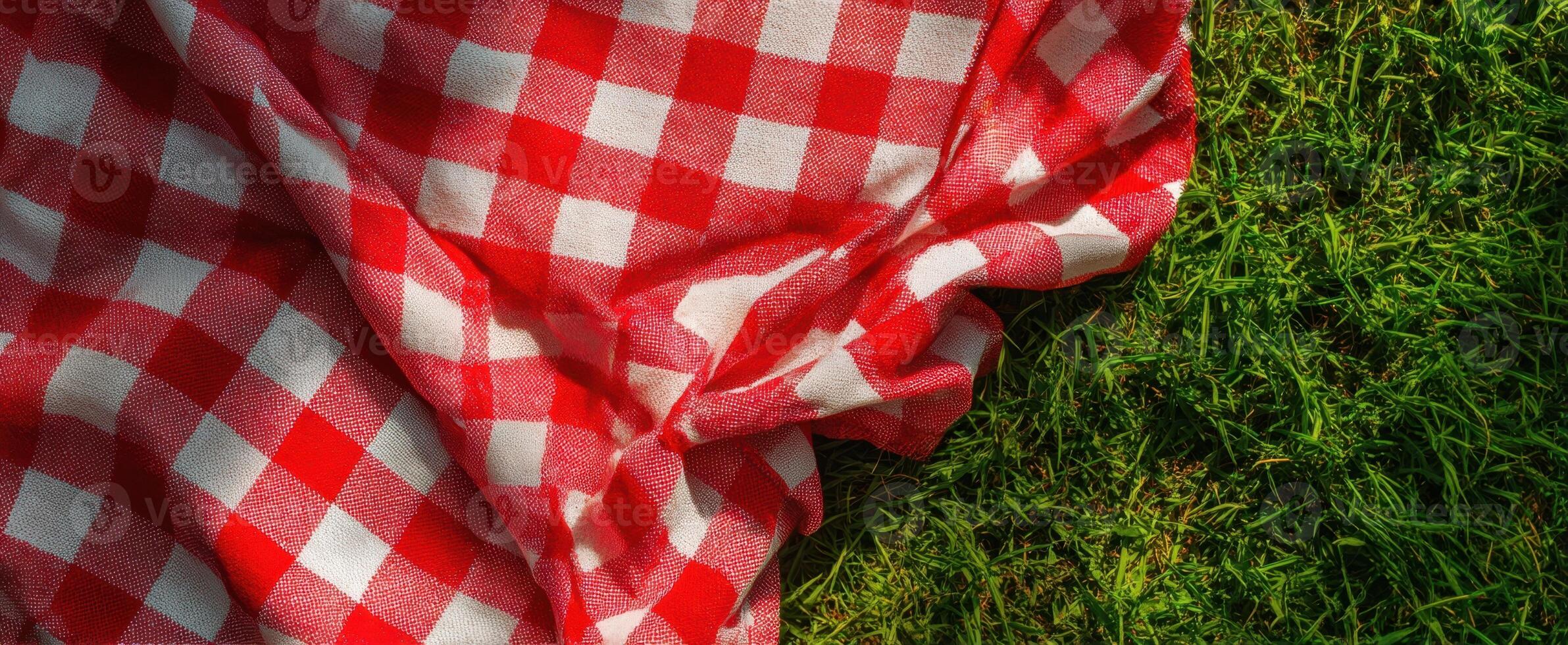The vibrant red checkered picnic blanket resting on lush green grass photo