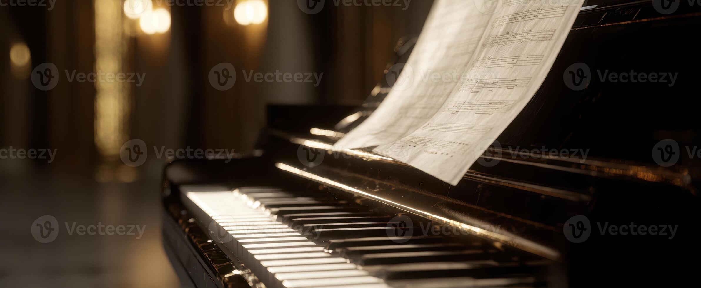 The Elegant Piano with Sheet Music Illuminated by Warm Light photo