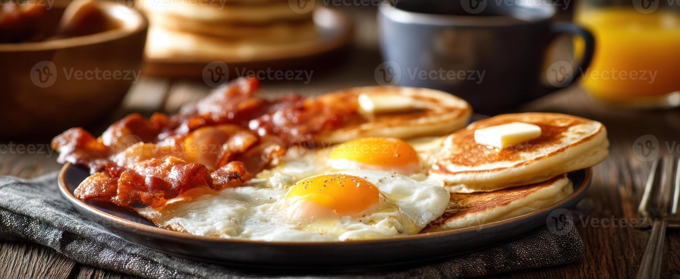 Pancakes, bacon, eggs and orange juice on a wooden table photo