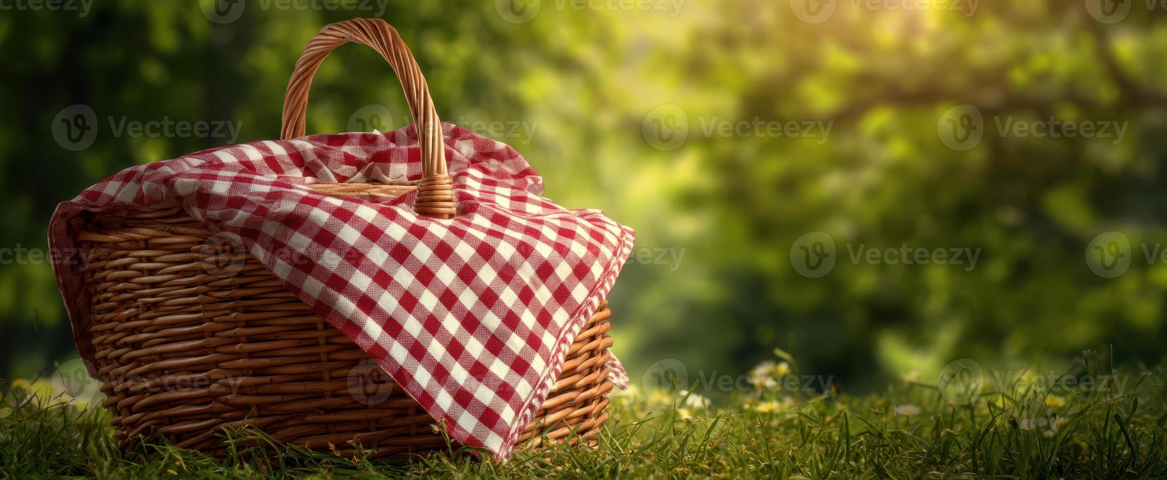 The delightful wicker picnic basket ready for an afternoon in nature. photo