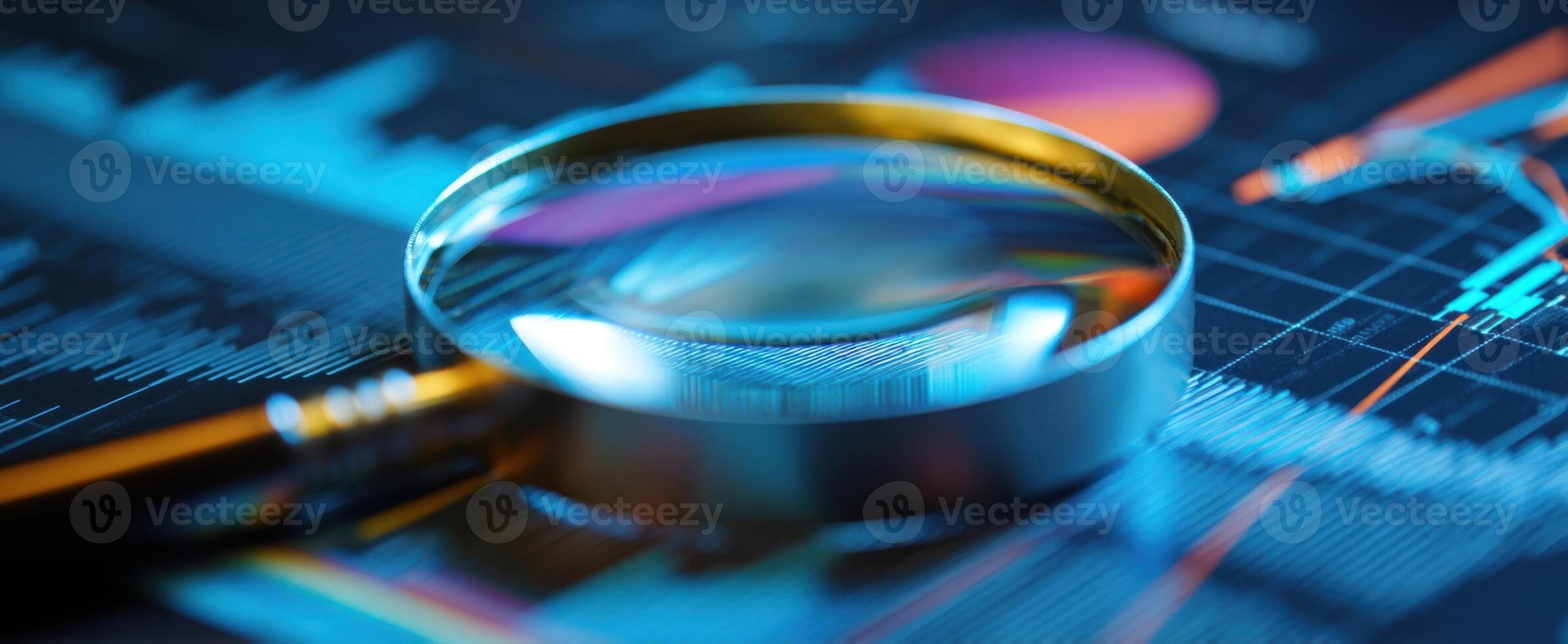 The magnifying glass highlighting financial data and analytical charts for business insights. photo