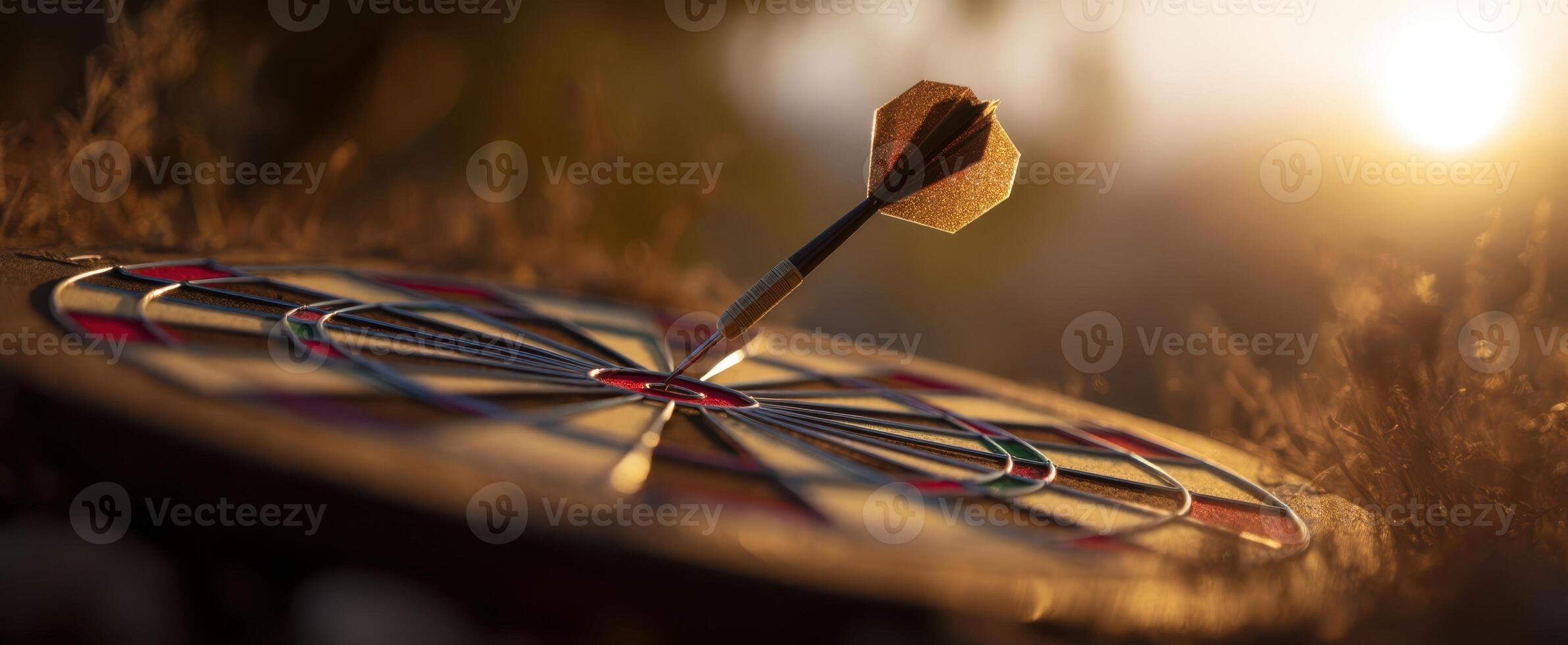 The dartboard with a dart perfectly hitting the bullseye at sunset. photo