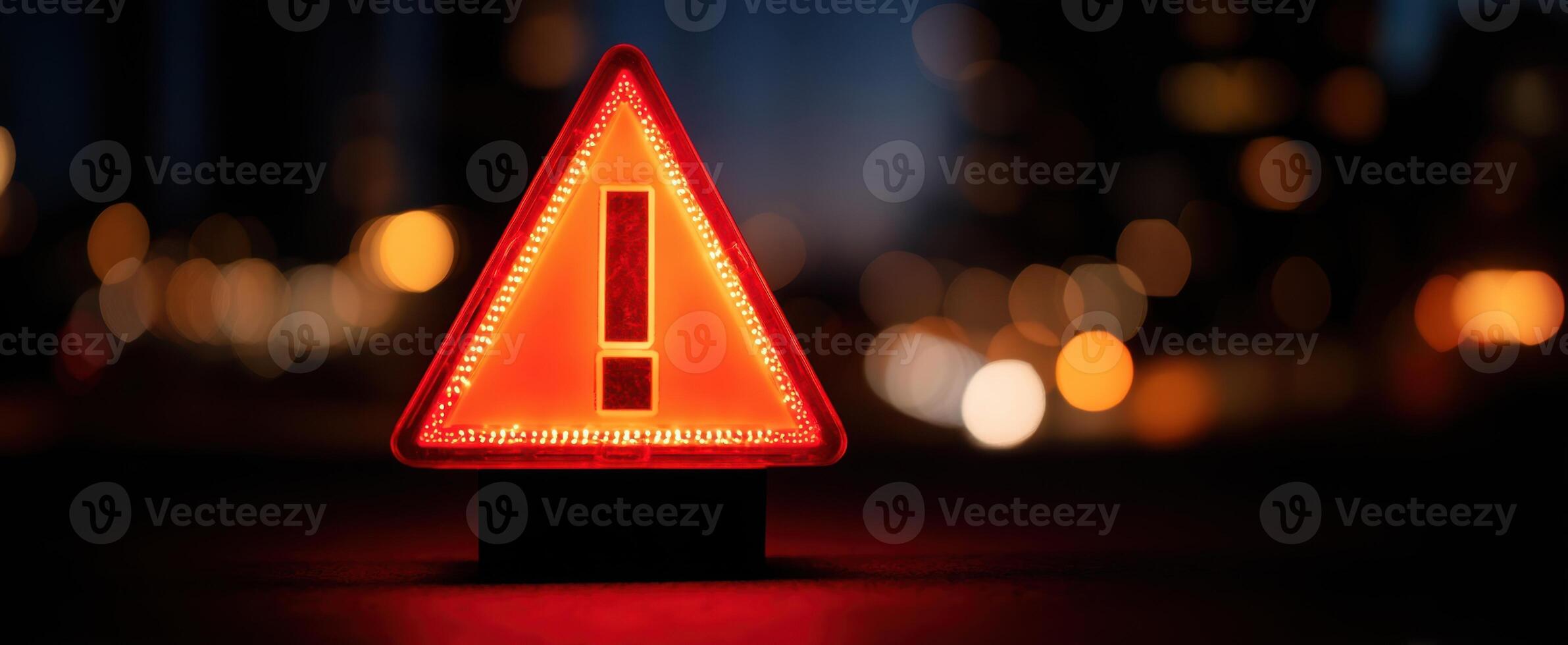 The illuminated warning sign stands out against the night backdrop of the city. photo