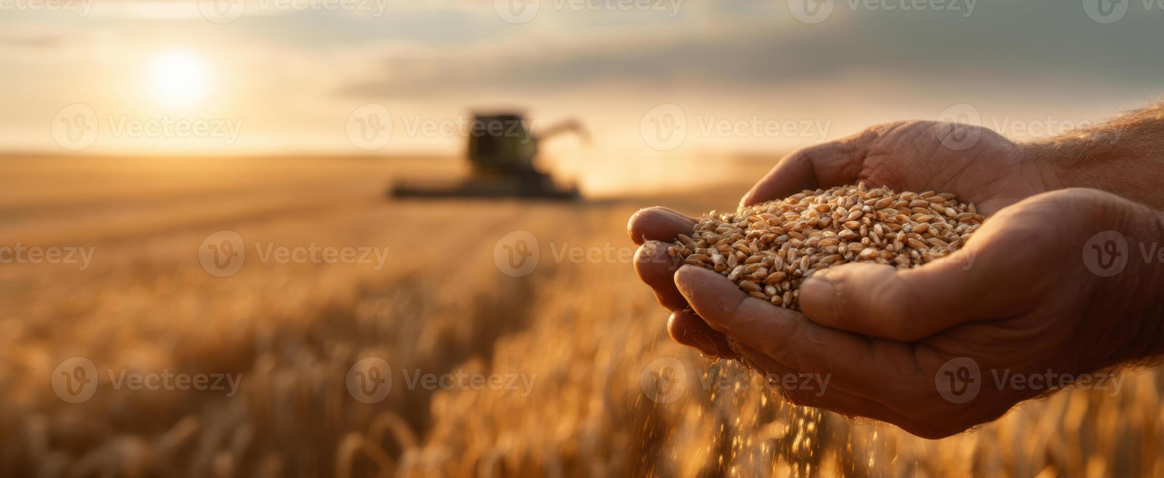 The hands holding wheat grains in a golden field at sunset photo