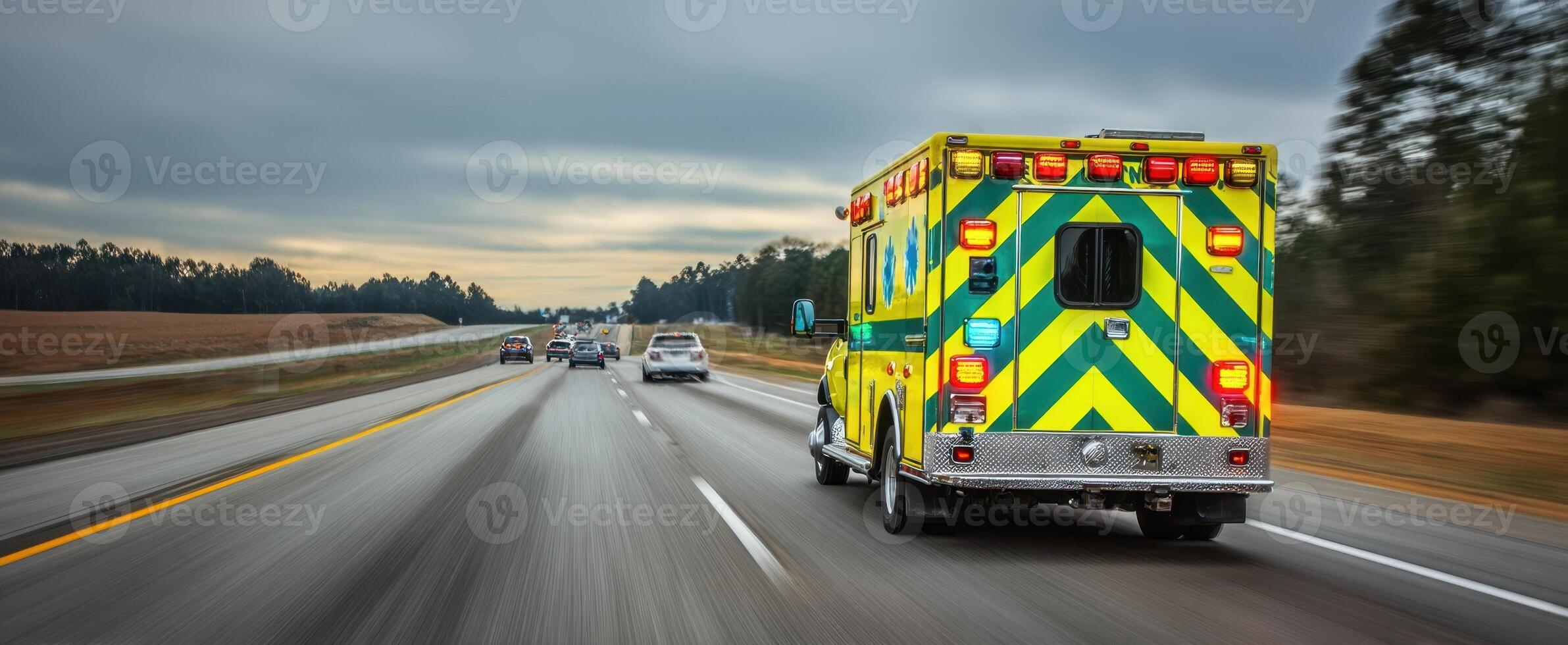 The ambulance racing down the highway in a medical emergency response. photo