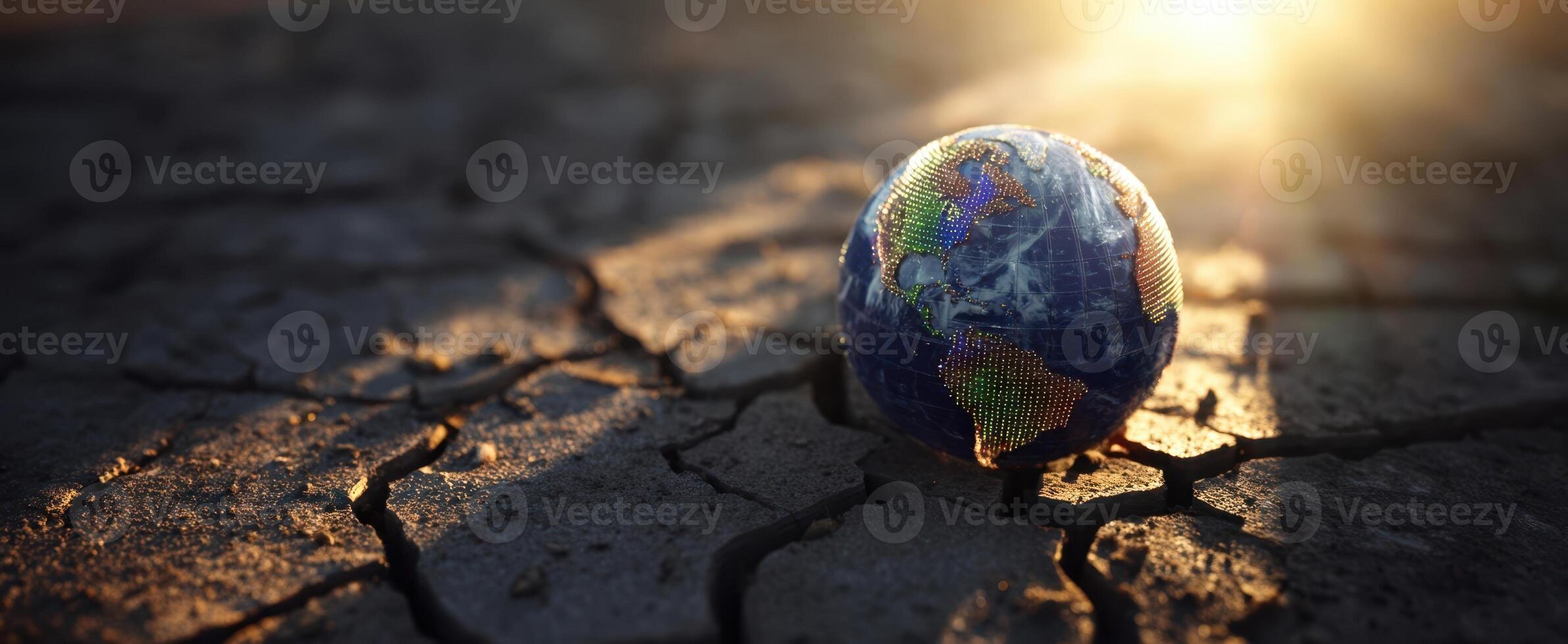 The globe resting on cracked earth symbolizing environmental challenges and climate change. photo