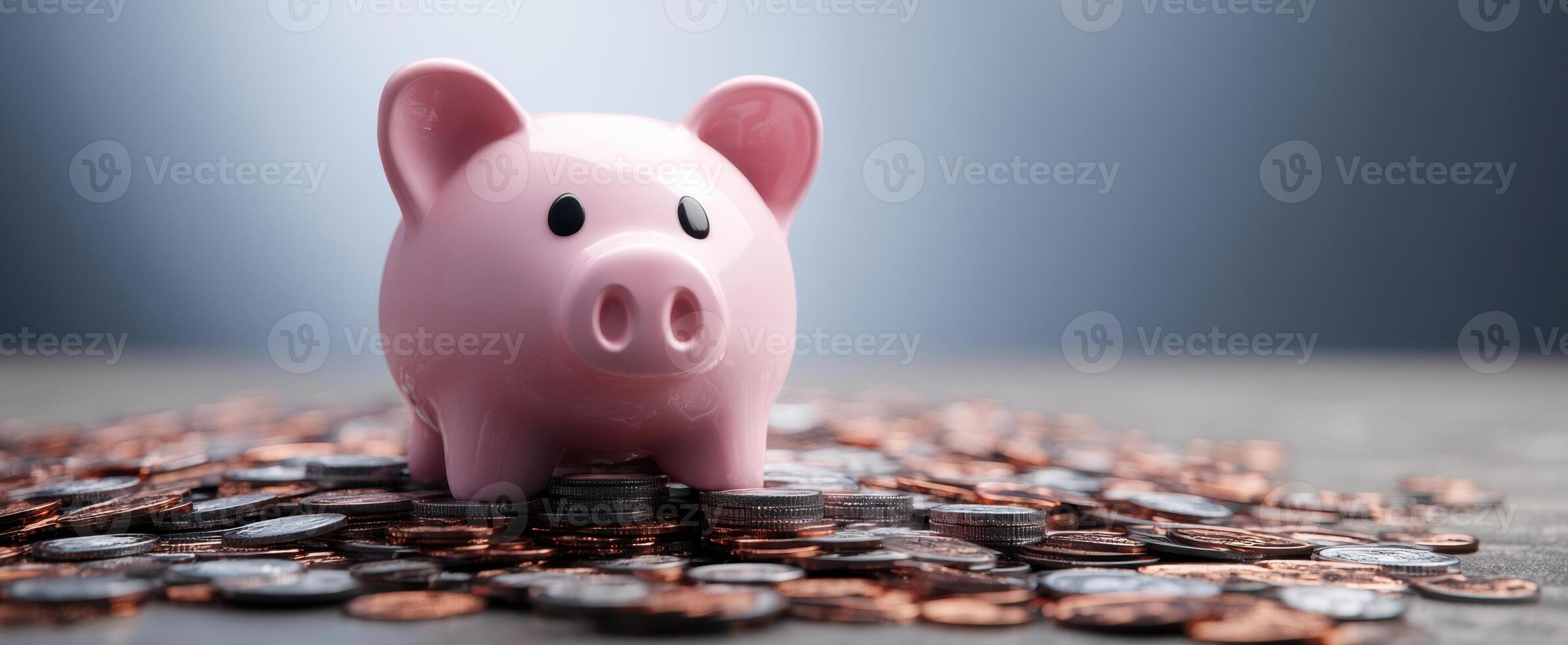 The pink piggy bank surrounded by shiny coins symbolizing savings and financial growth. photo