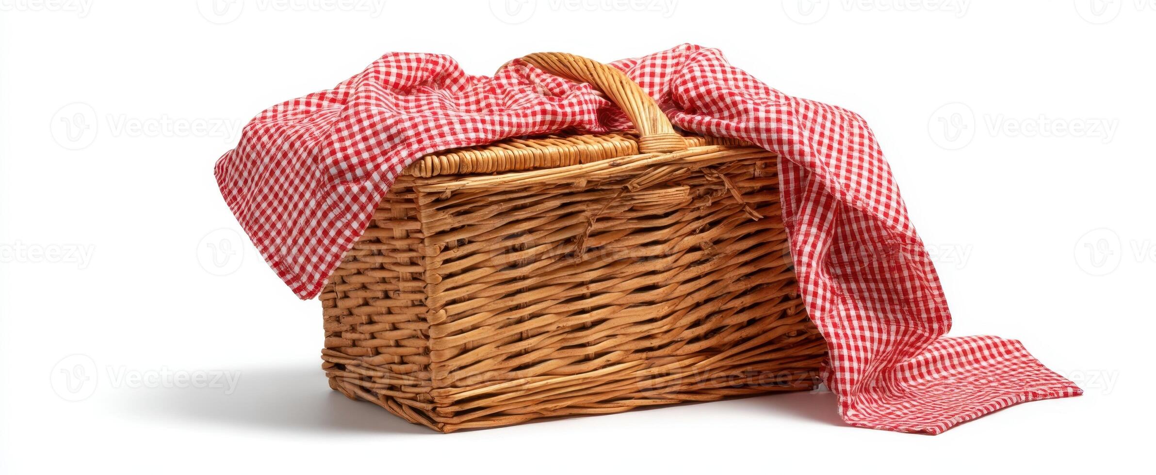 The wicker picnic basket with a red checkered cloth ready for outdoor dining. photo
