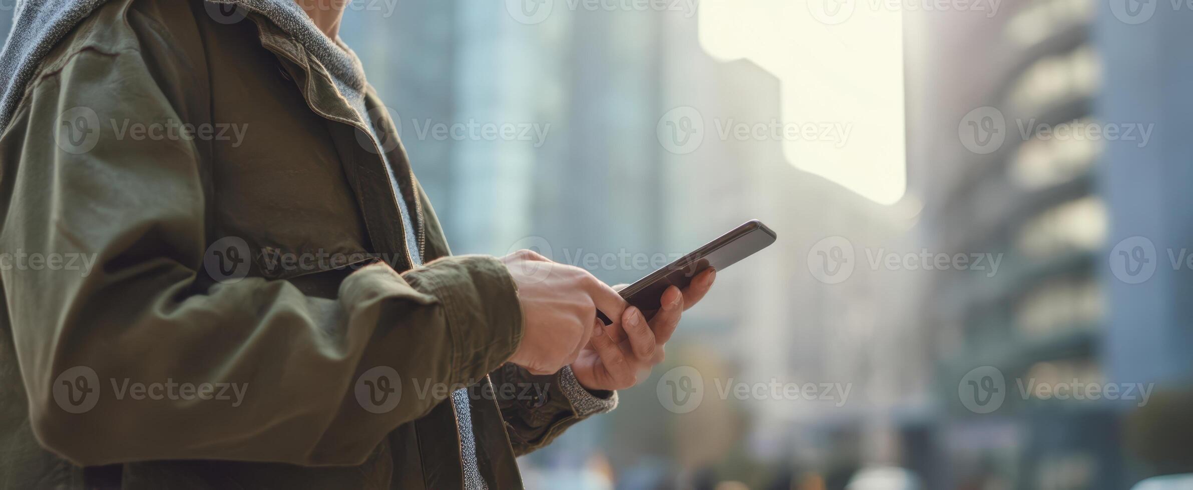 The casual user engaged with a smartphone in an urban environment. photo