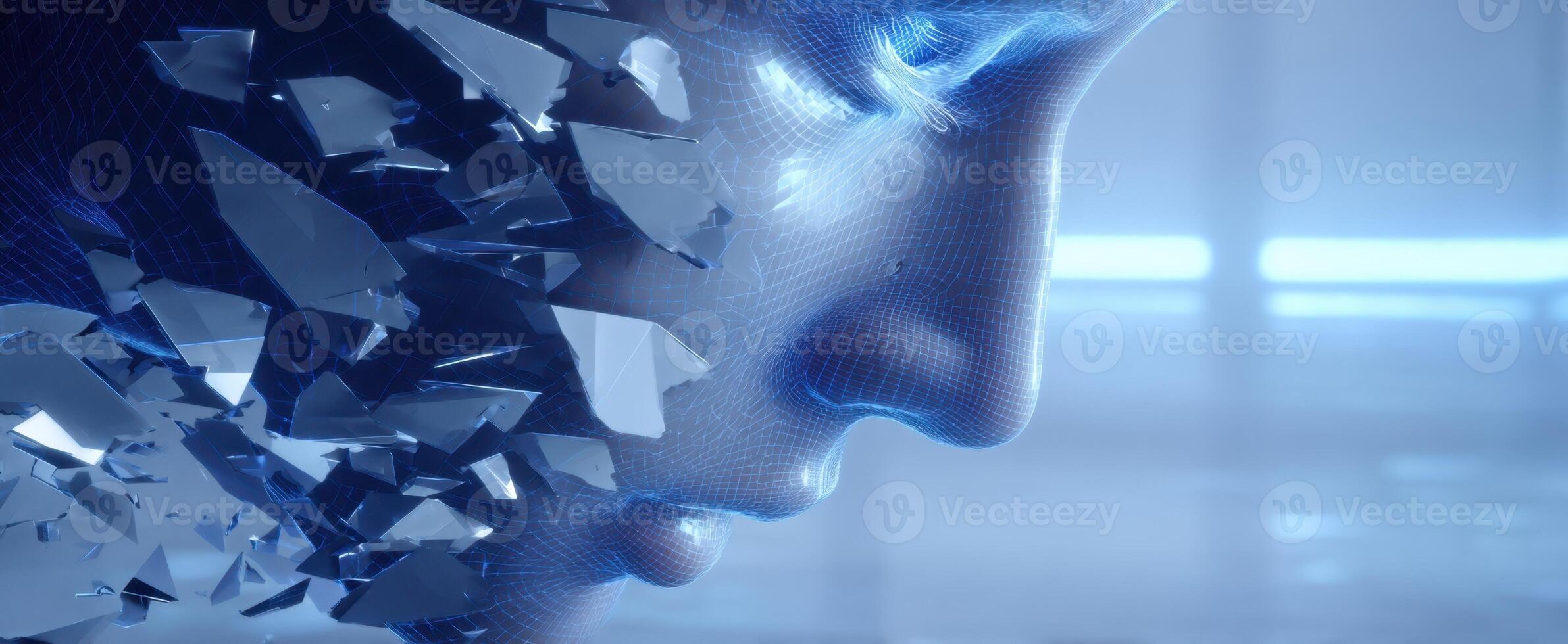The Futuristic Portrait of a Shattered Digital Face in a Glowing Environment photo