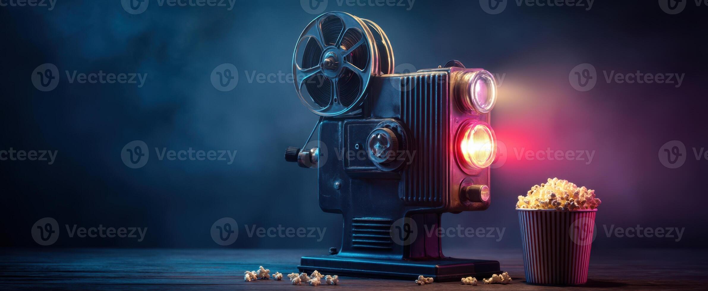 The vintage projector illuminating a bowl of popcorn in cinematic ambiance. photo