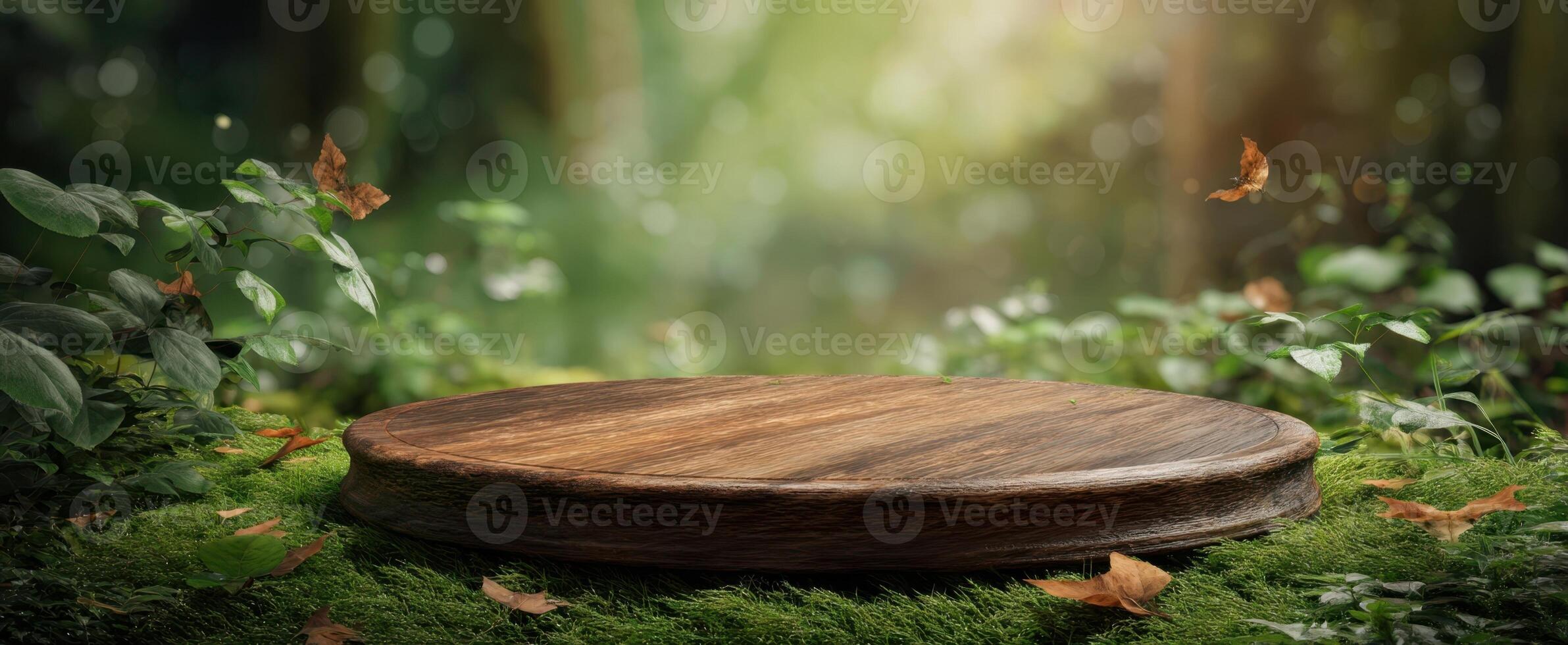 The wooden podium resting amidst lush greenery in a tranquil forest setting photo