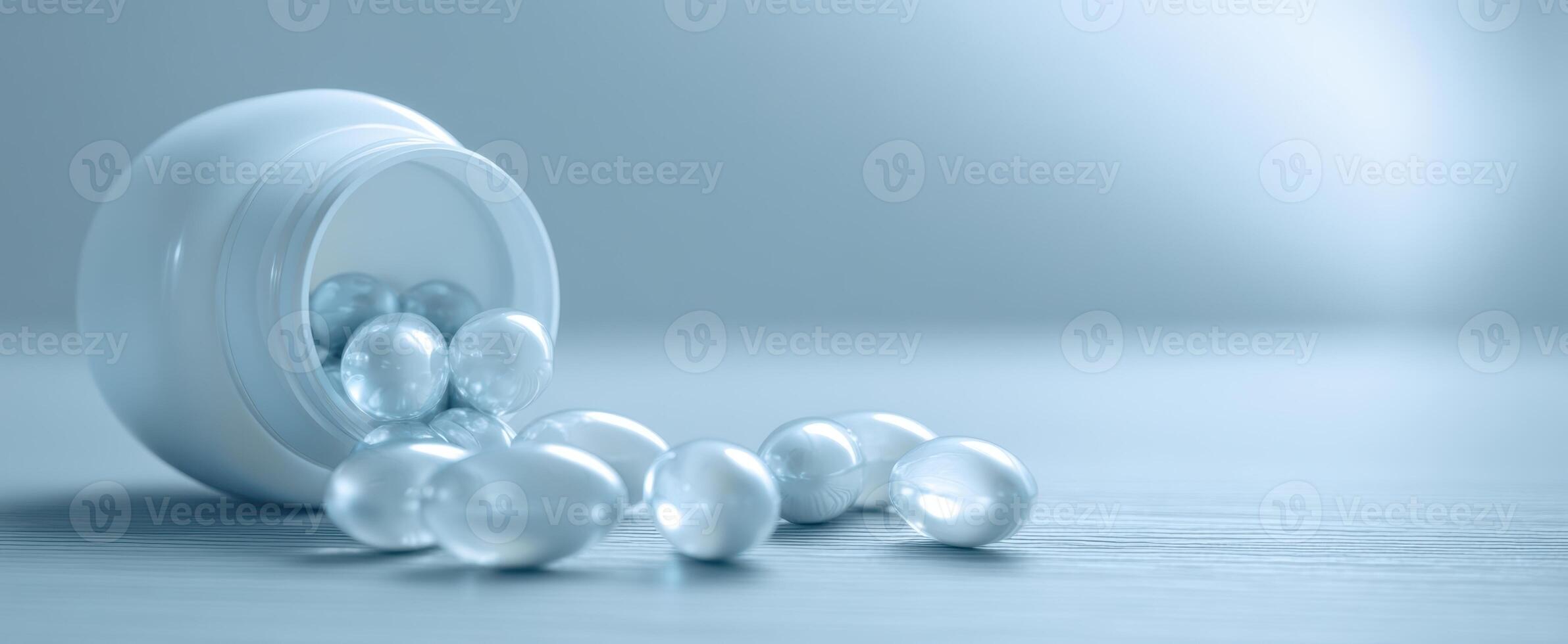 The elegant capsules spilling from a white medicine container on a blue background. photo