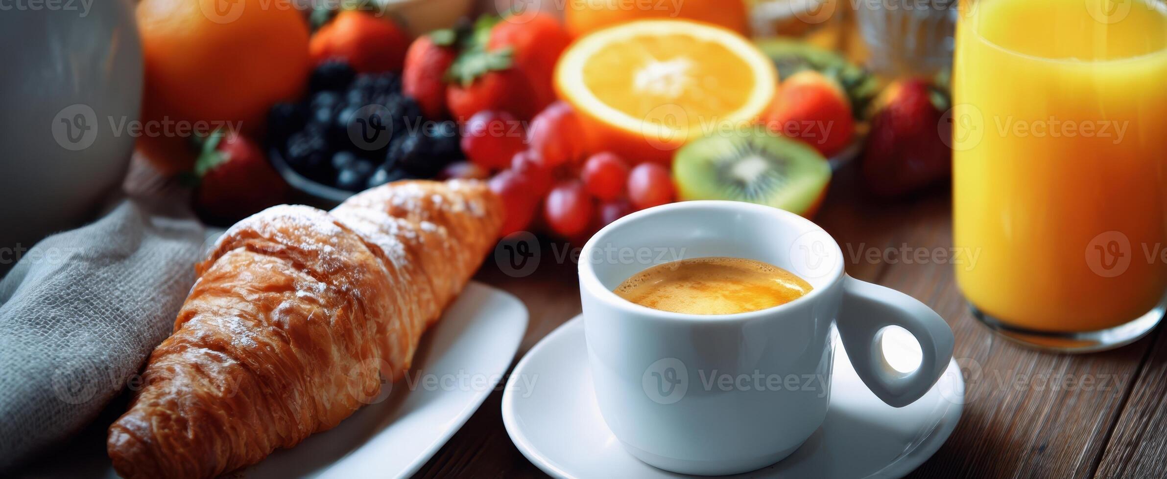 The delightful coffee and croissant served with a variety of fresh fruits. photo