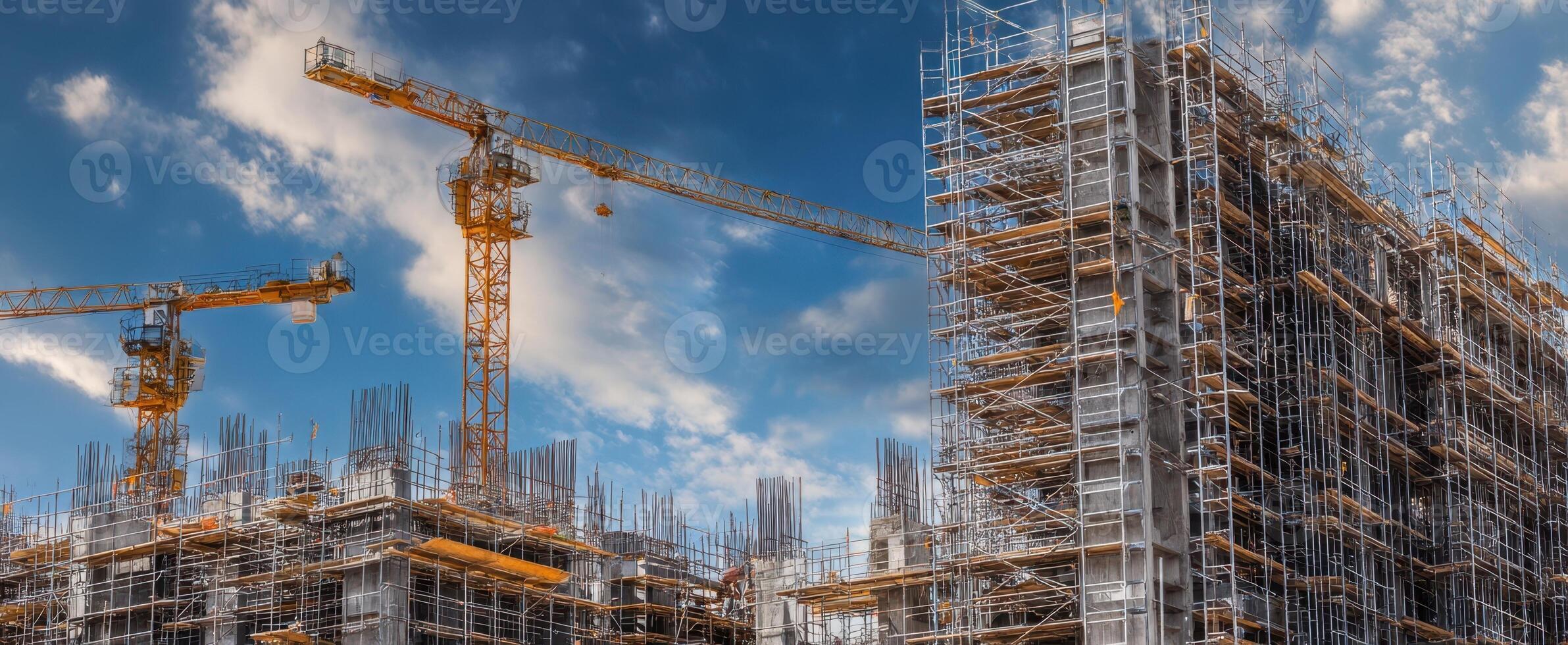 The construction site showcasing cranes and scaffolding against a vibrant sky. photo