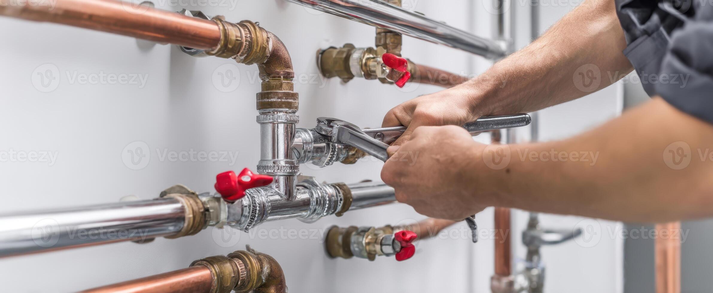 The plumber working with copper pipes and tools in a modern setting. photo