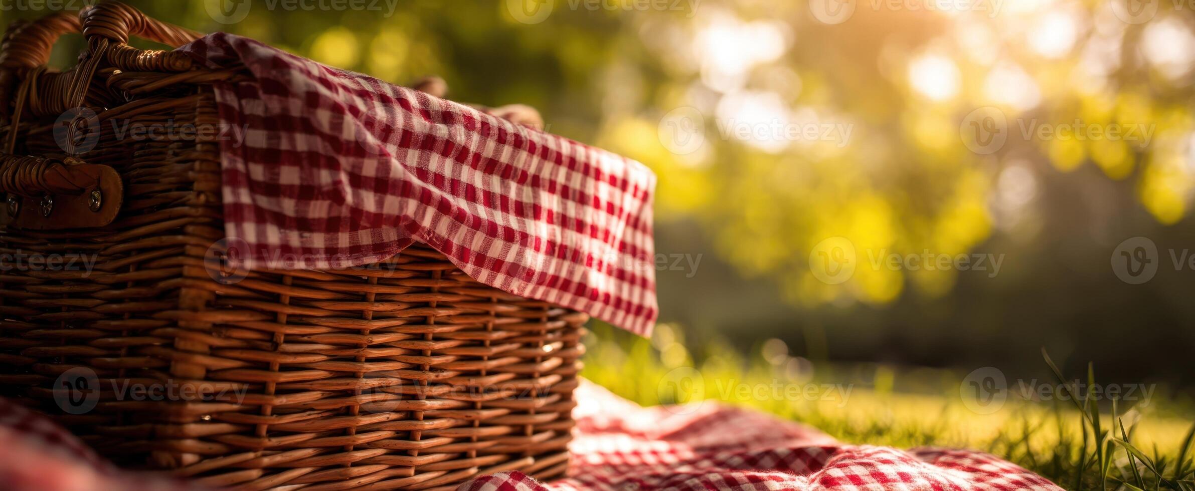 The wicker picnic basket nestled in a sunlit meadow. photo
