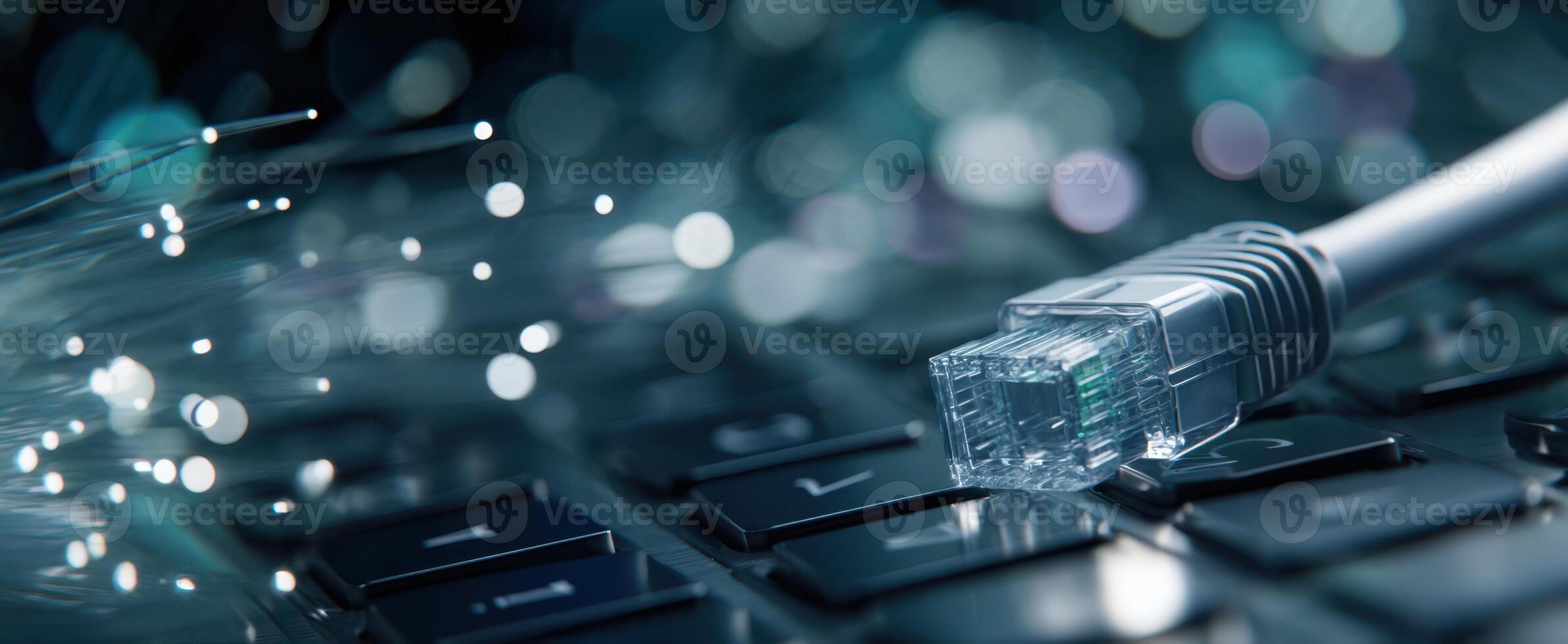 The Ethernet Cable Connecting to a Keyboard Amidst Sparkling Digital Lights photo
