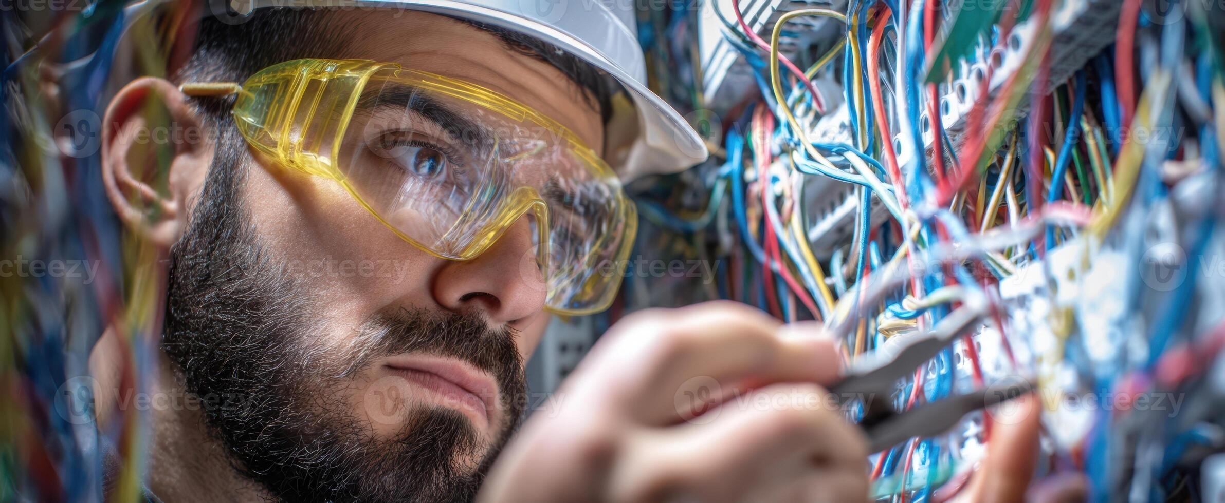 The electrician working meticulously on a complex network of wires and connections. photo