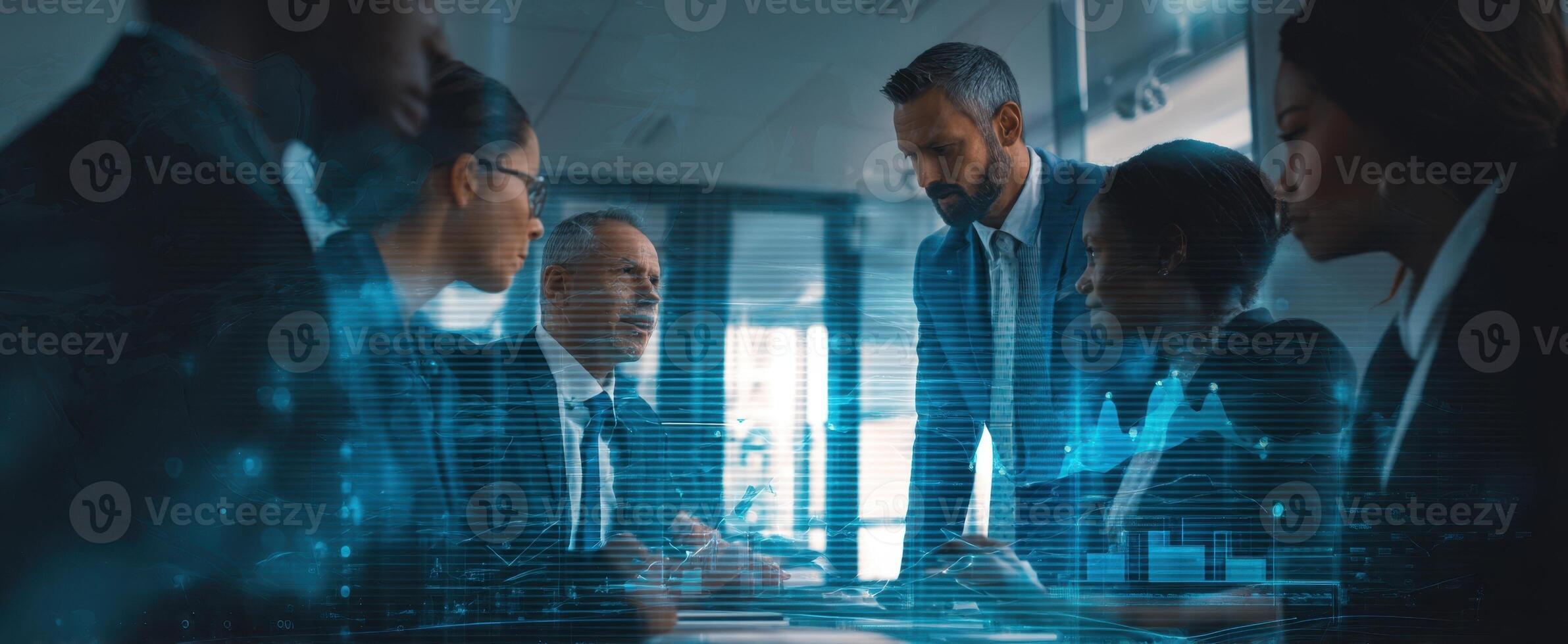 The business meeting showcasing teamwork and digital innovation in a corporate setting. photo