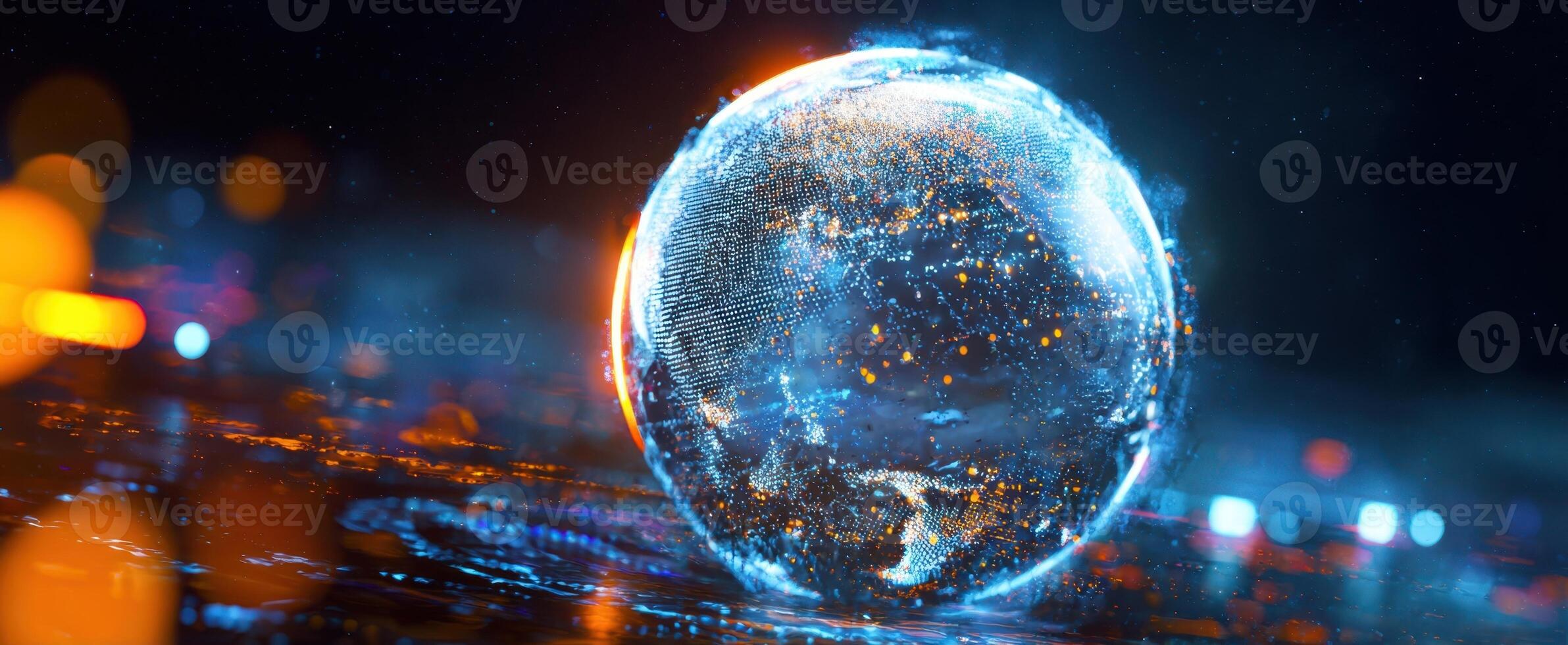 The Globe Illuminated by Digital Connections and Cosmic Light Effects photo