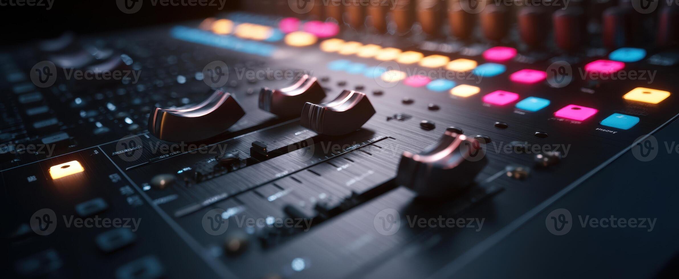 The close-up view of a professional audio mixer with colorful buttons. photo