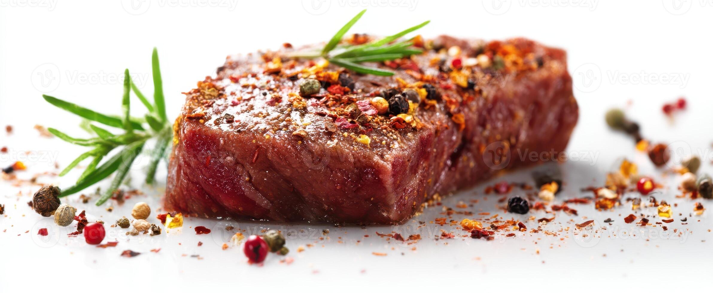 The perfectly seasoned steak garnished with aromatic herbs and colorful spices. photo
