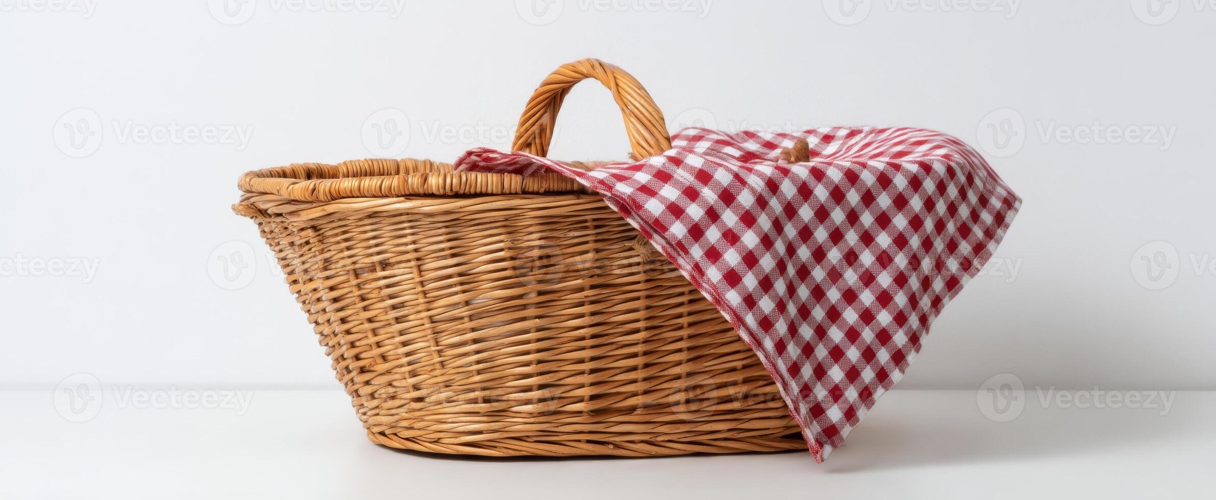 The wicker basket adorned with a red and white checkered cloth photo