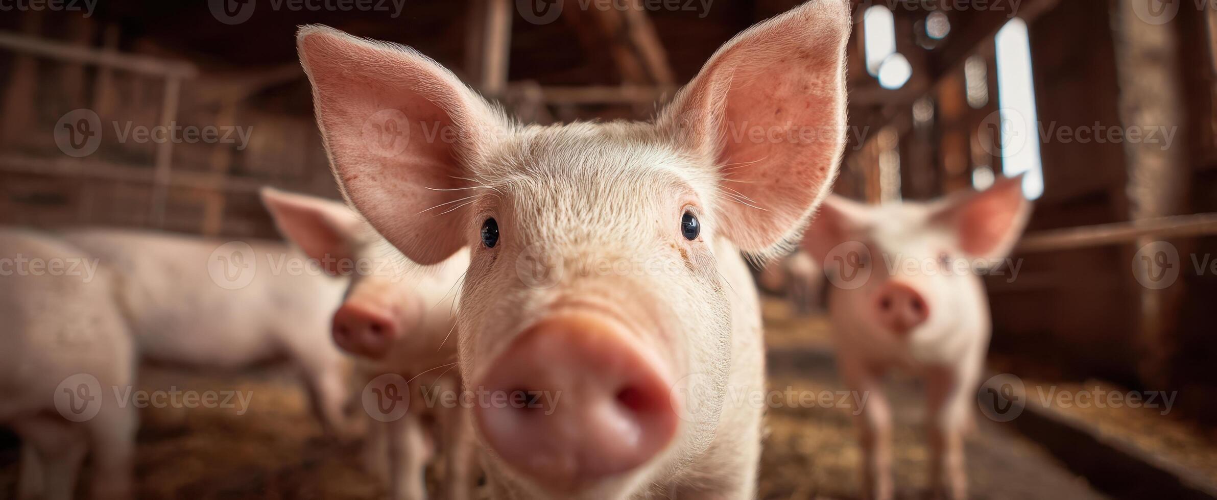 The adorable pigs enjoying their time in a rustic barn environment. photo