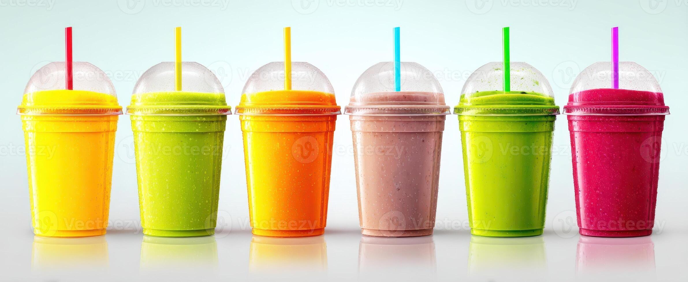 The colorful array of refreshing smoothies in vibrant cups with straws. photo