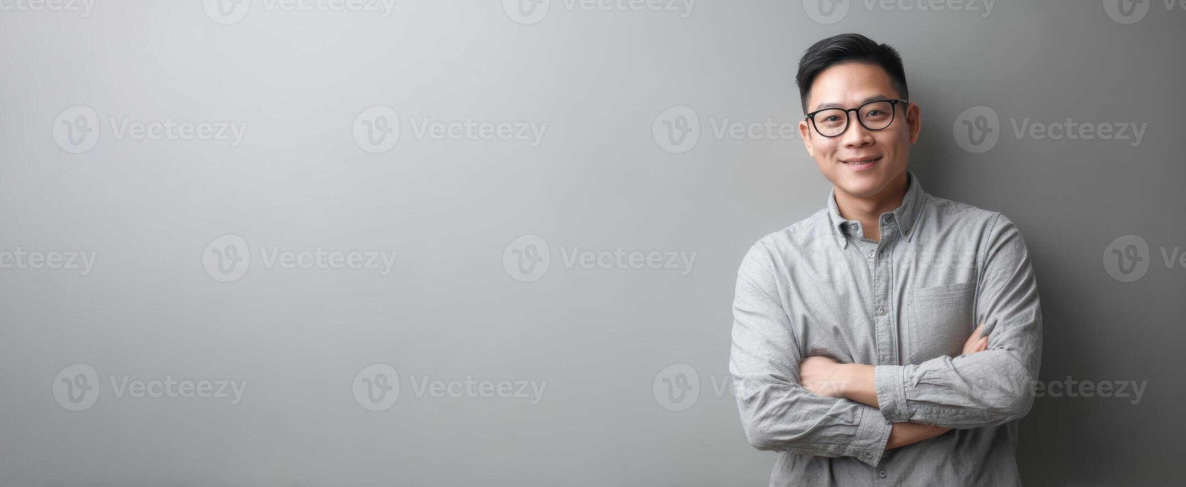 The confident man smiling with crossed arms against a grey background. photo
