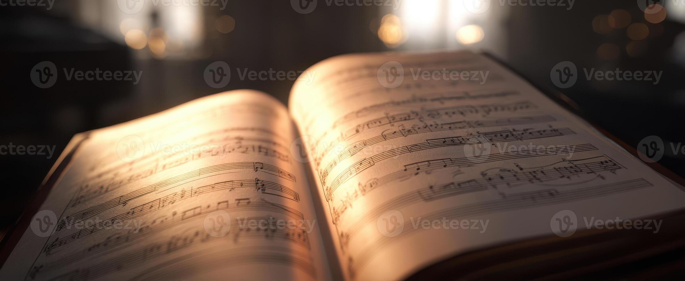 The beautifully illuminated sheet music book resting on a piano. photo