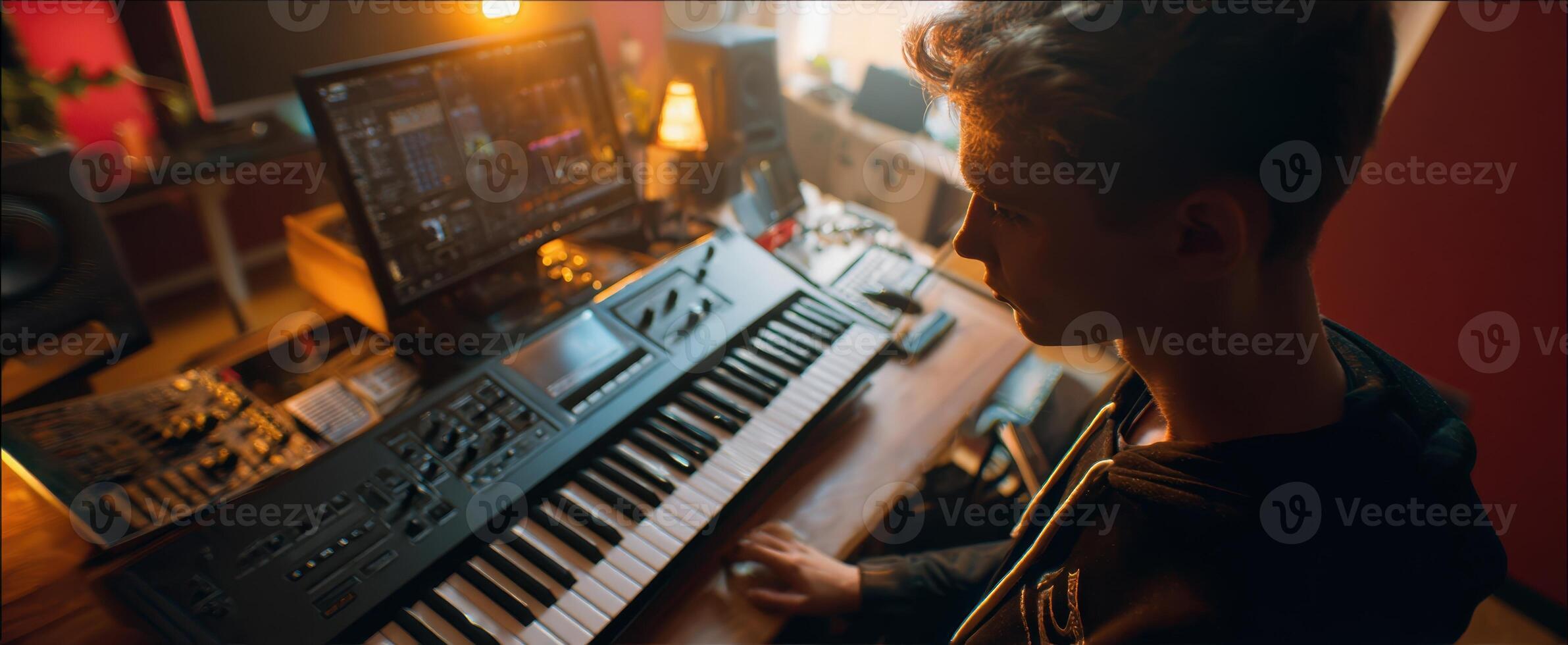 The young musician explores creativity in a modern music studio environment. photo