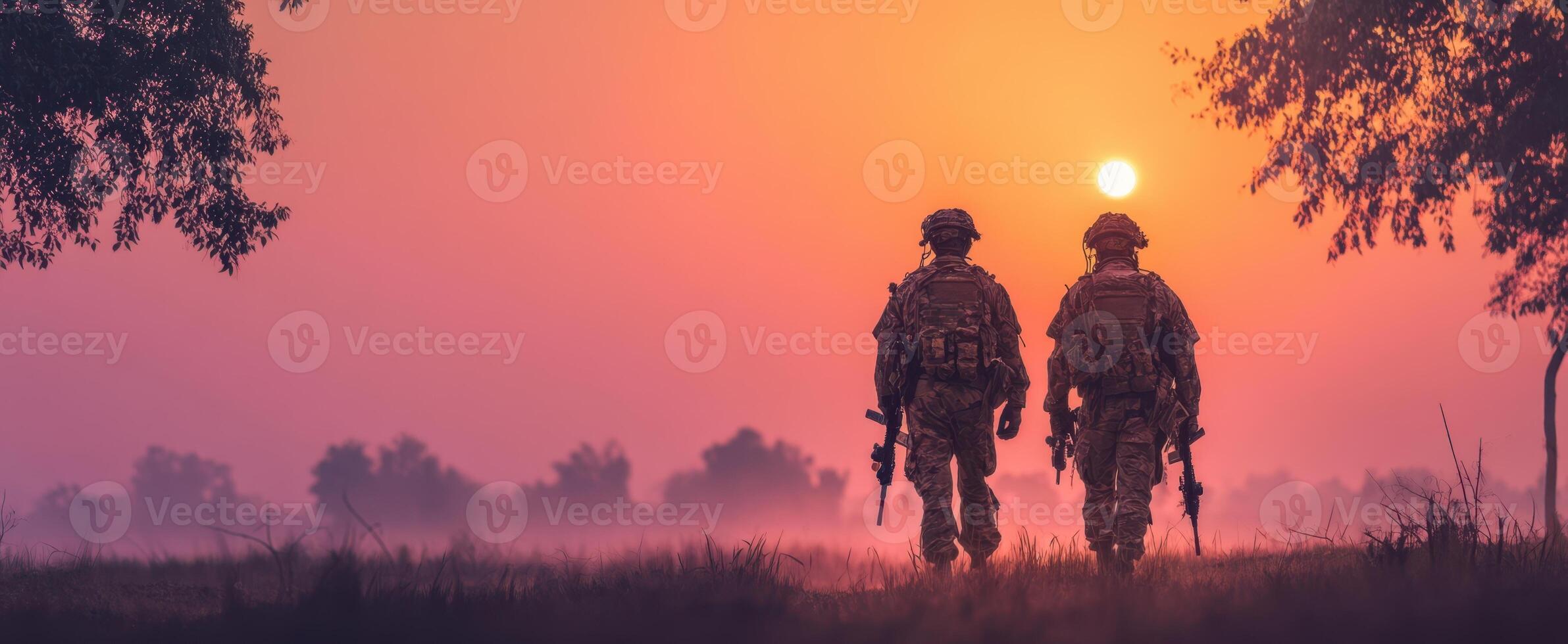 The soldiers walking together against a vibrant sunset background in a peaceful landscape. photo