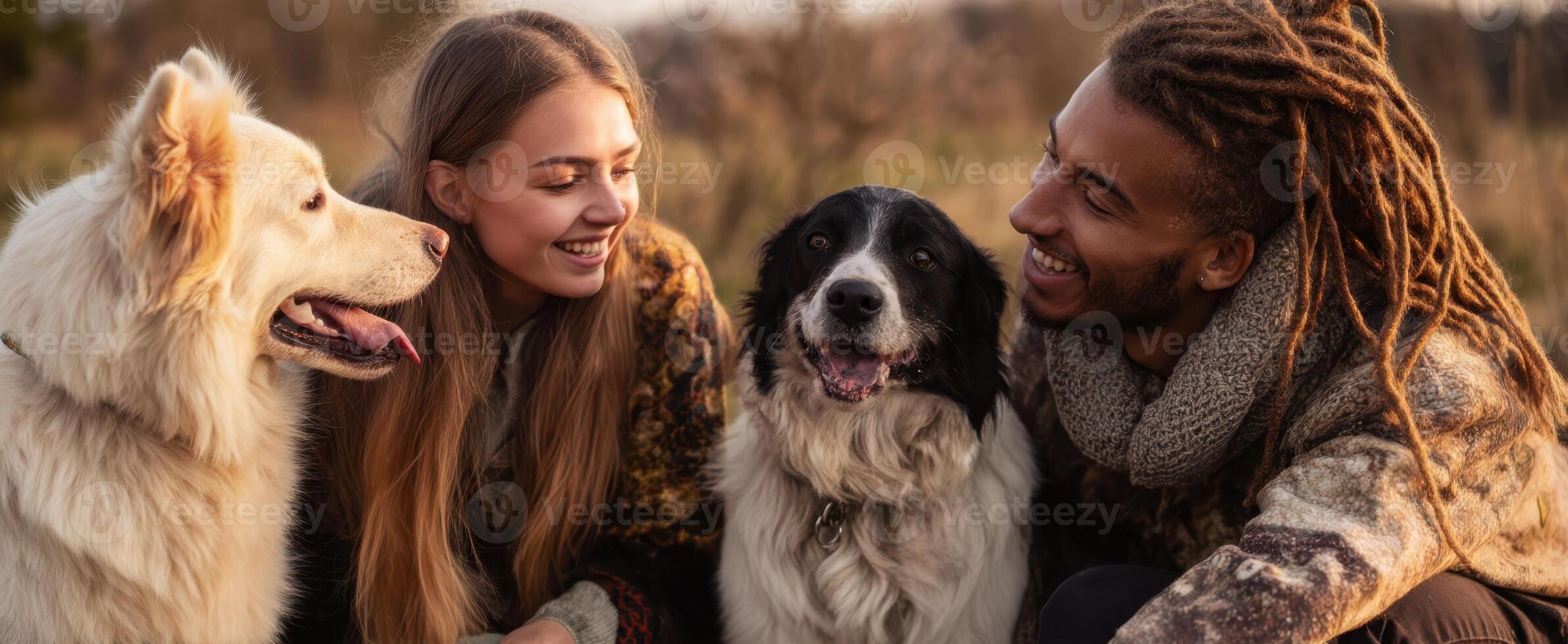 The joyful couple sharing moments with their dogs in a beautiful outdoor setting. photo
