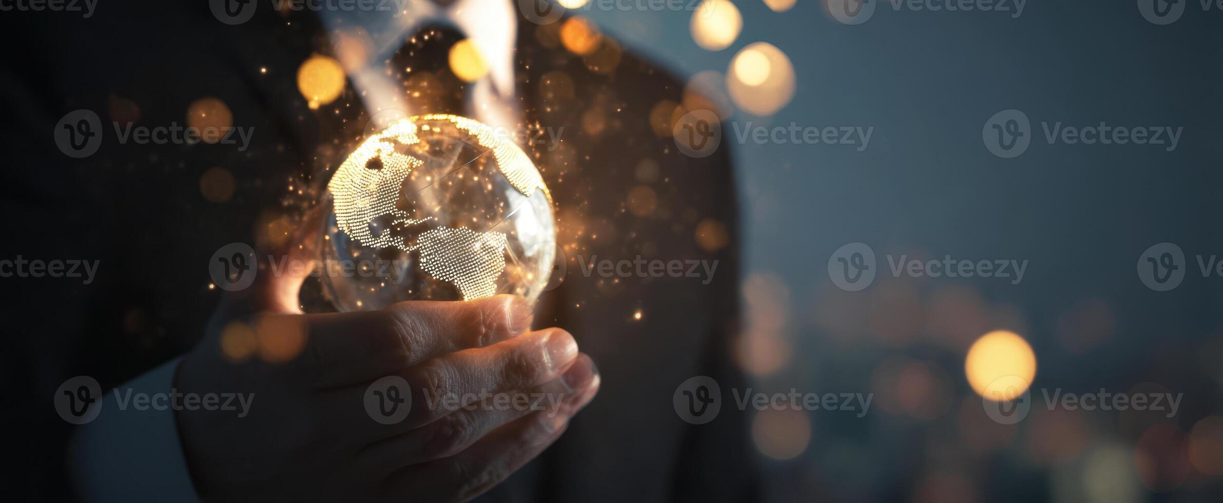 The businessman holding a glowing globe symbolizing innovation and global connectivity. photo
