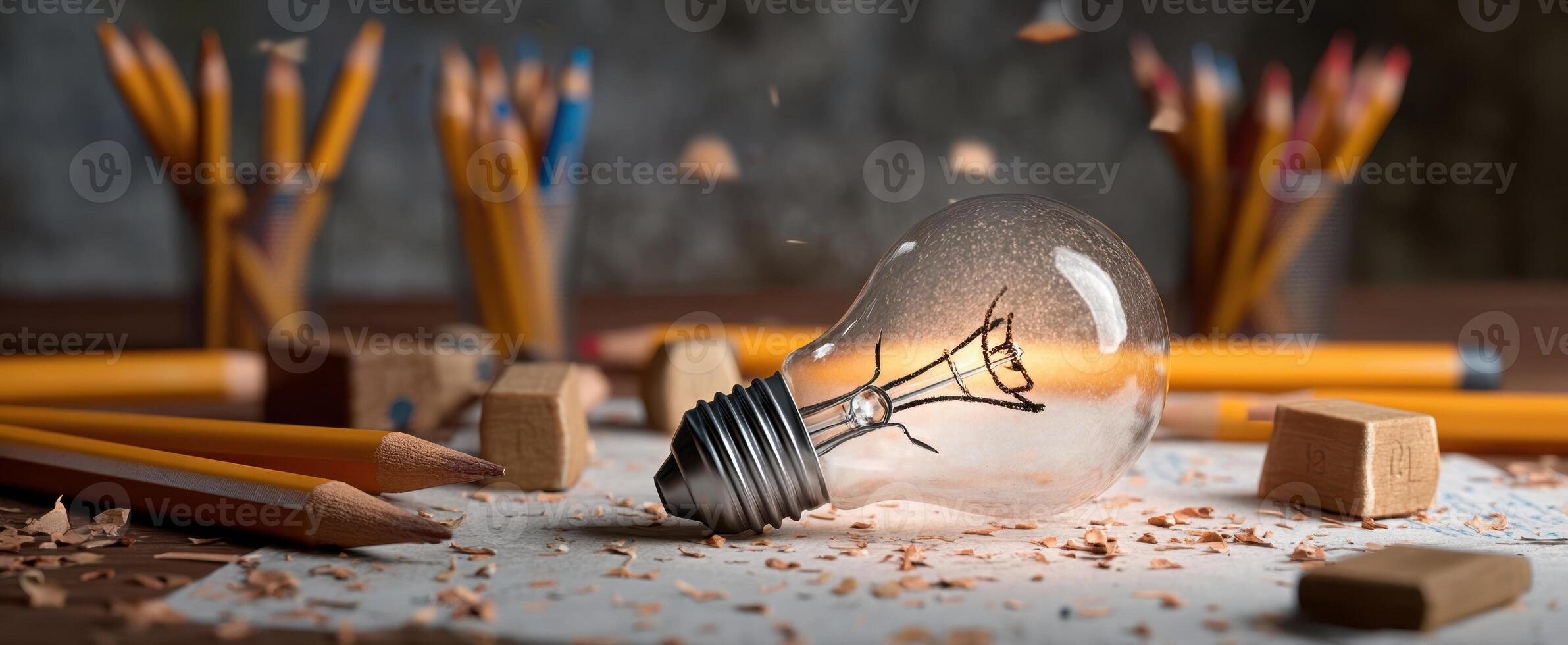 The creative lightbulb surrounded by pencils and shavings on a rustic workspace. photo