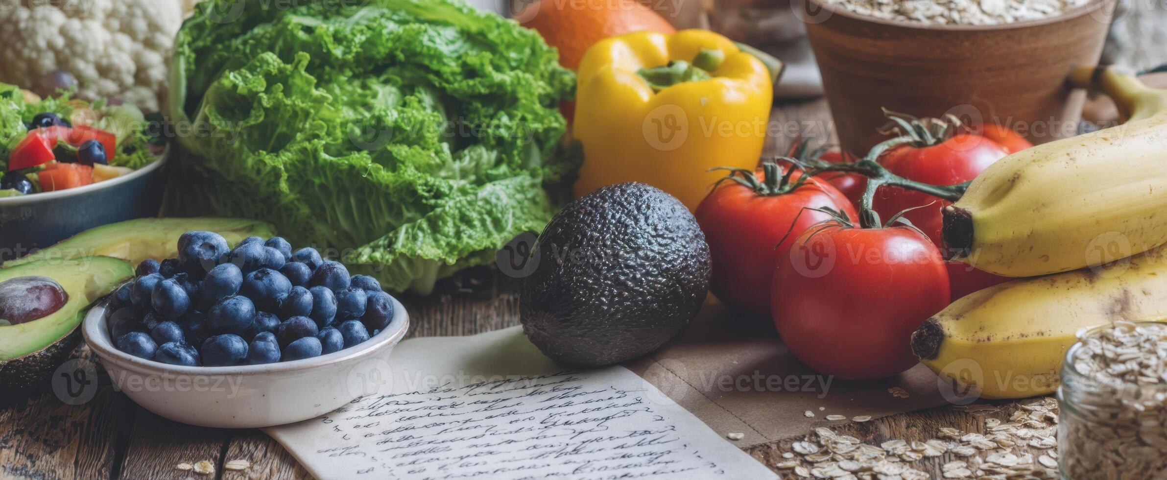 The vibrant assortment of healthy ingredients on a rustic wooden table. photo
