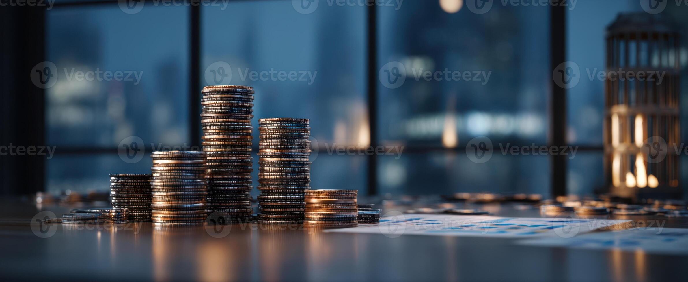 The coins stacked high representing financial growth and investment potential. photo
