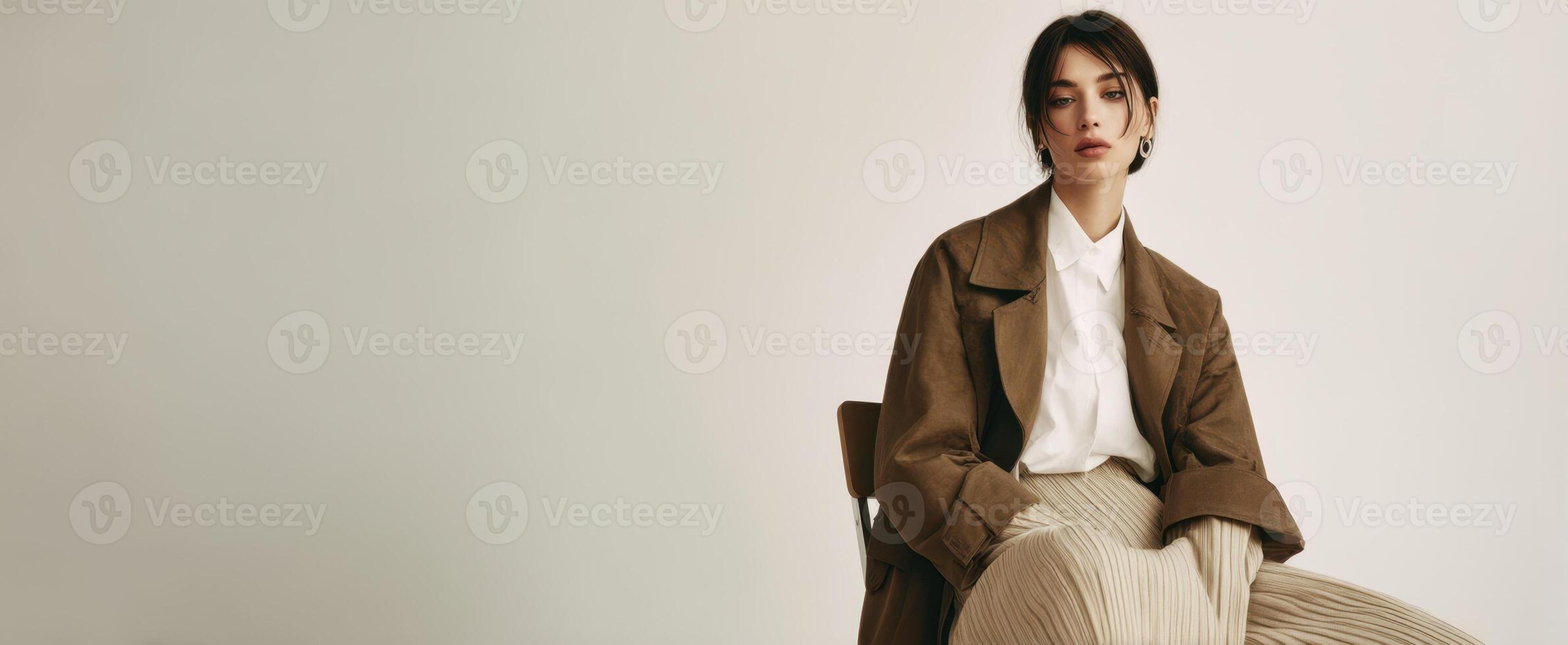 The elegant model styled in a contemporary outfit sitting gracefully in a minimalist space. photo