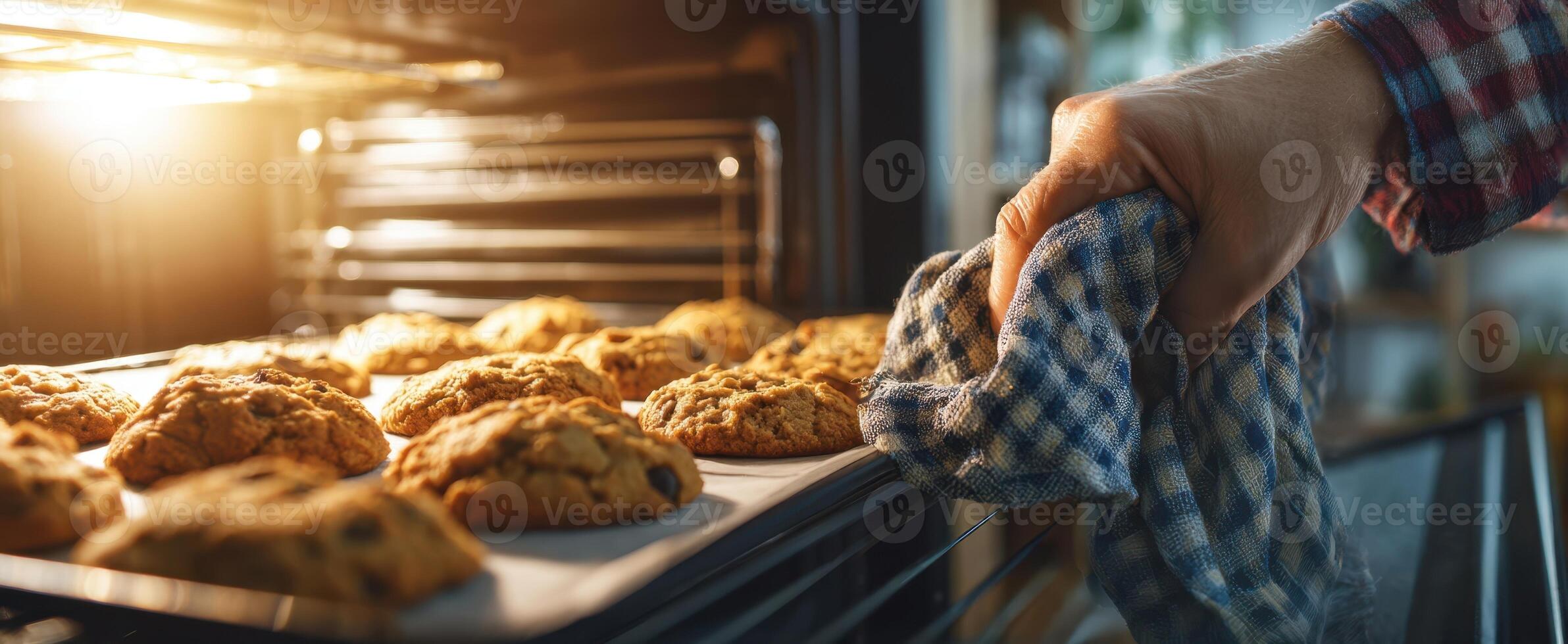 The delicious cookies being pulled from the oven by a caring hand. photo