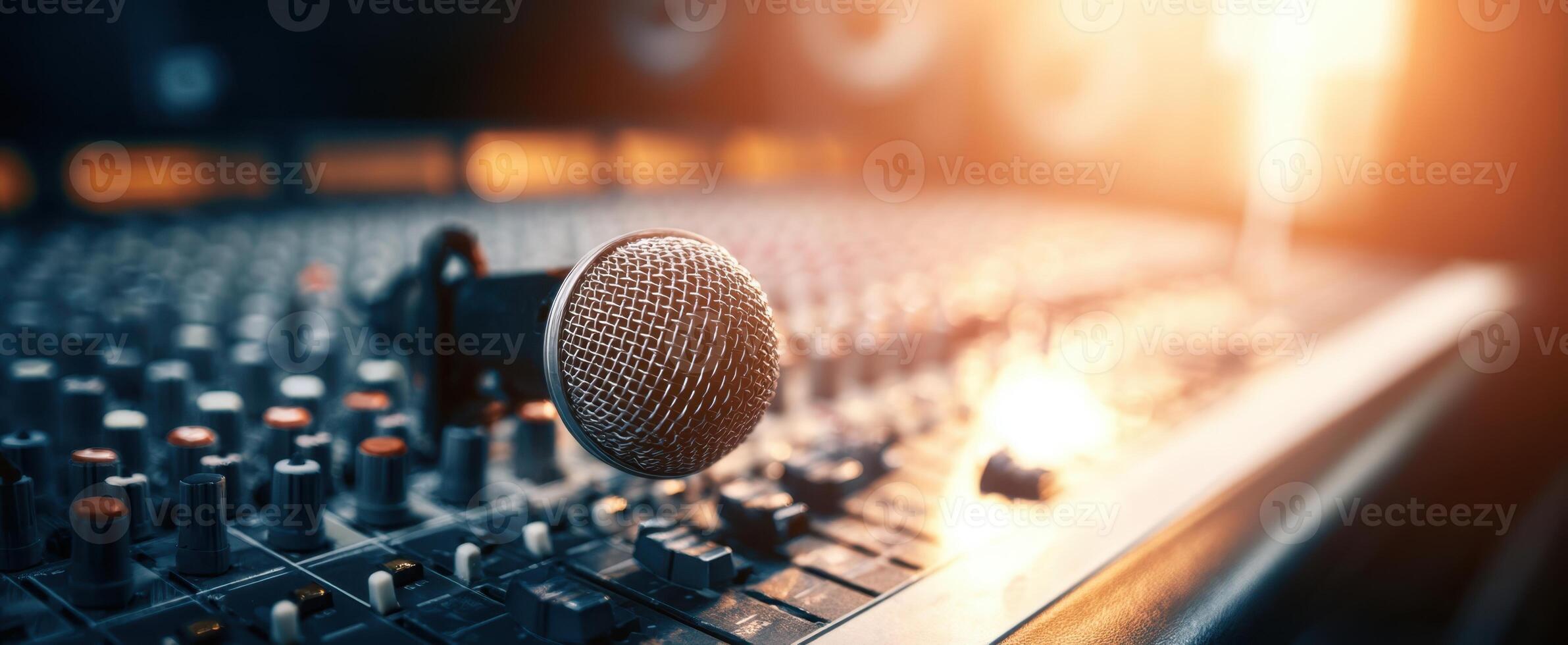 The microphone prominently placed on a professional audio mixing console in a studio setting. photo